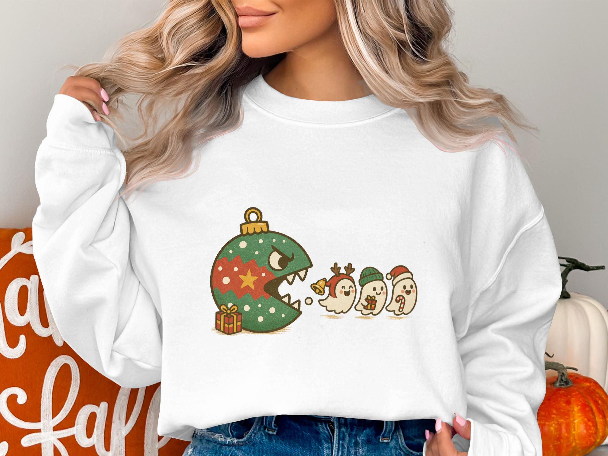Christmas Pacman Sweatshirt, Cute Ghosts Christmas Sweater, Holiday Pacman Shirt, Fun Festive Print, Unique Christmas Gift