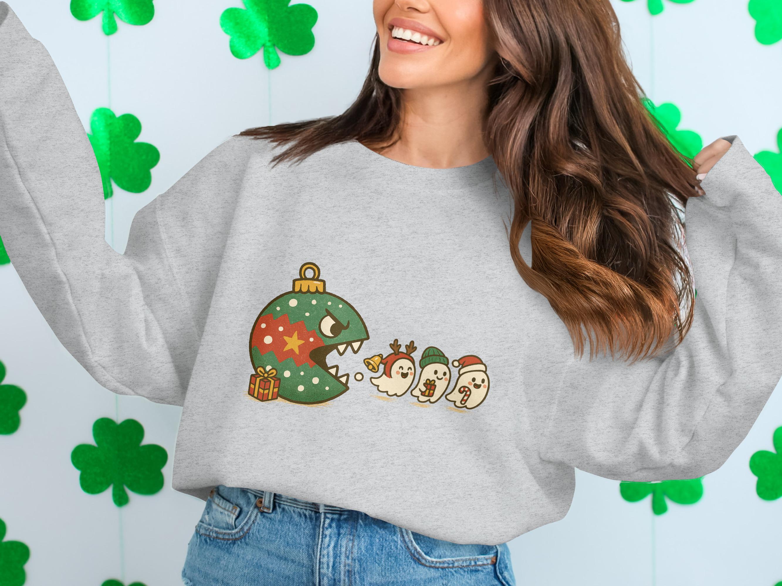 Christmas Pac-Man Ghosts Sweatshirt, Fun Holiday Themed Pullover, Cute Festive Graphic Sweater, Great Gift Idea, Cozy Winter Wear