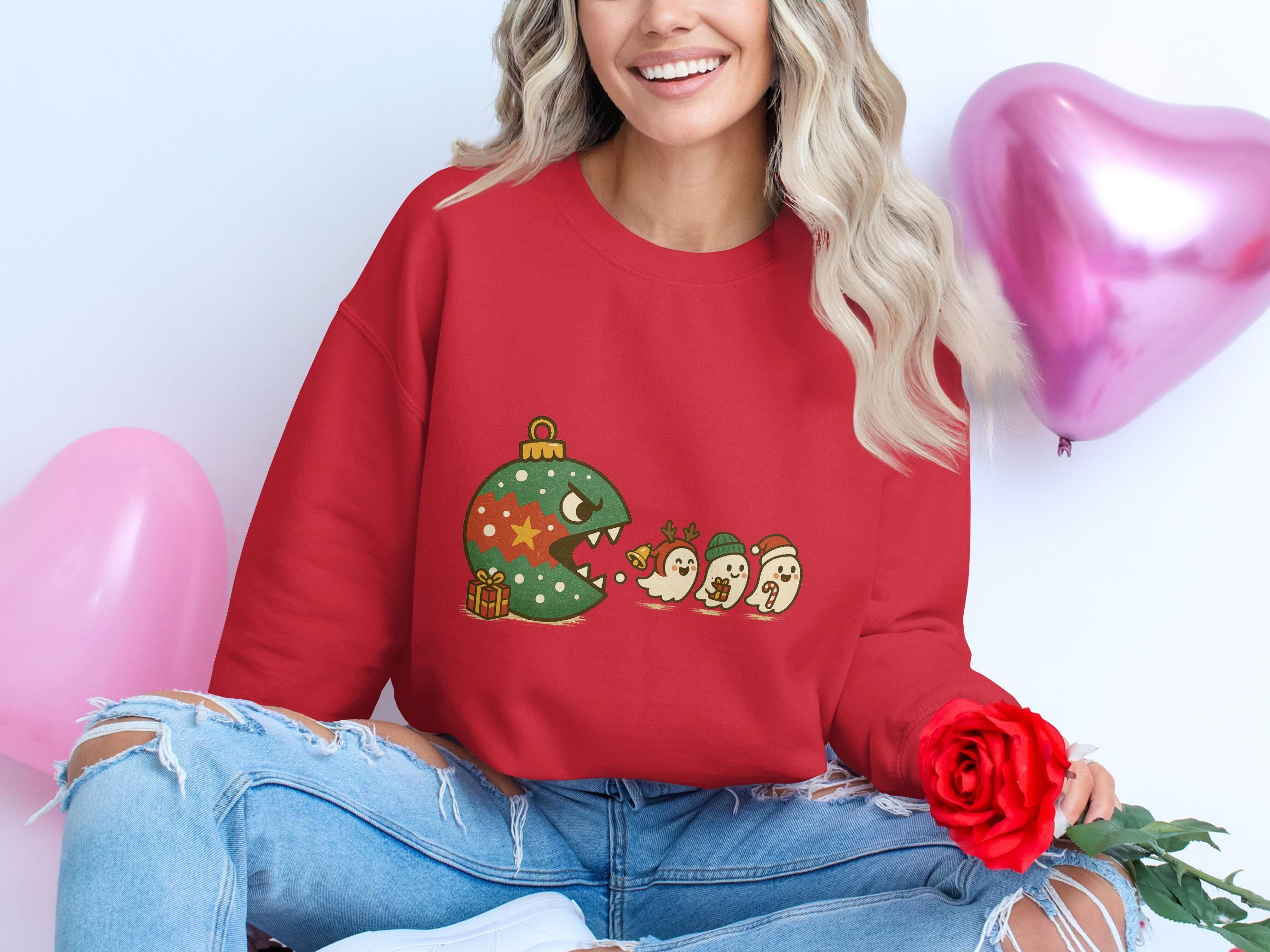 Christmas Pac-Man Sweatshirt, Cute Holiday Sweater, Fun Festive Shirt, Quirky Christmas Gift, Retro Gaming Holiday Apparel