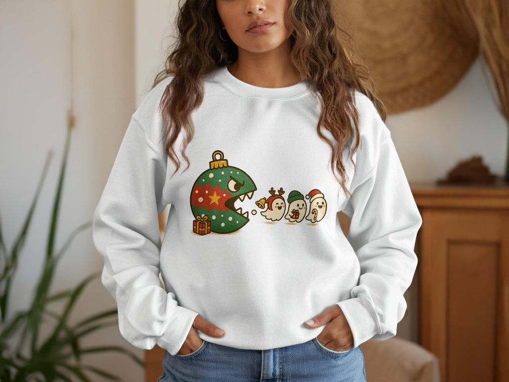 Christmas Pac-Man Sweatshirt, Cute Holiday Sweater, Festive Gaming Apparel, Fun Christmas Gift, Cozy Winter Wear, Unisex Crewneck