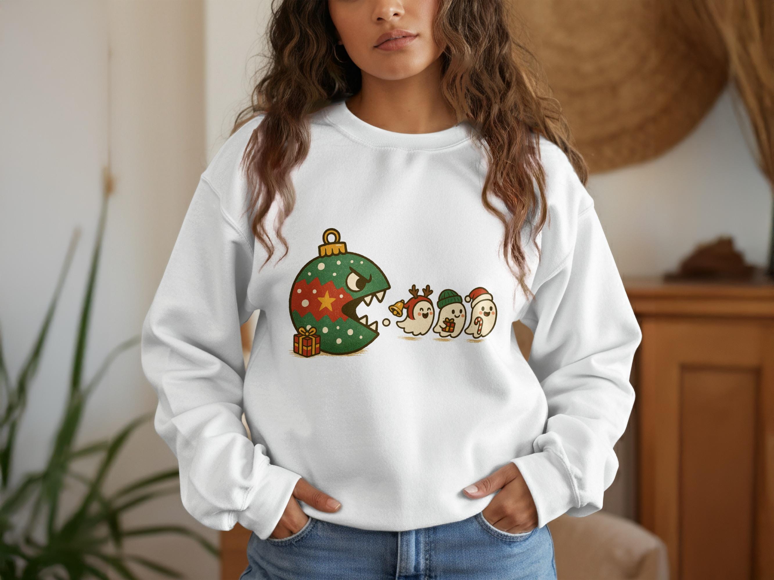 Christmas Pac-Man Sweatshirt, Cute Holiday Sweater, Festive Gaming Apparel, Fun Christmas Gift, Cozy Winter Wear, Unisex Crewneck