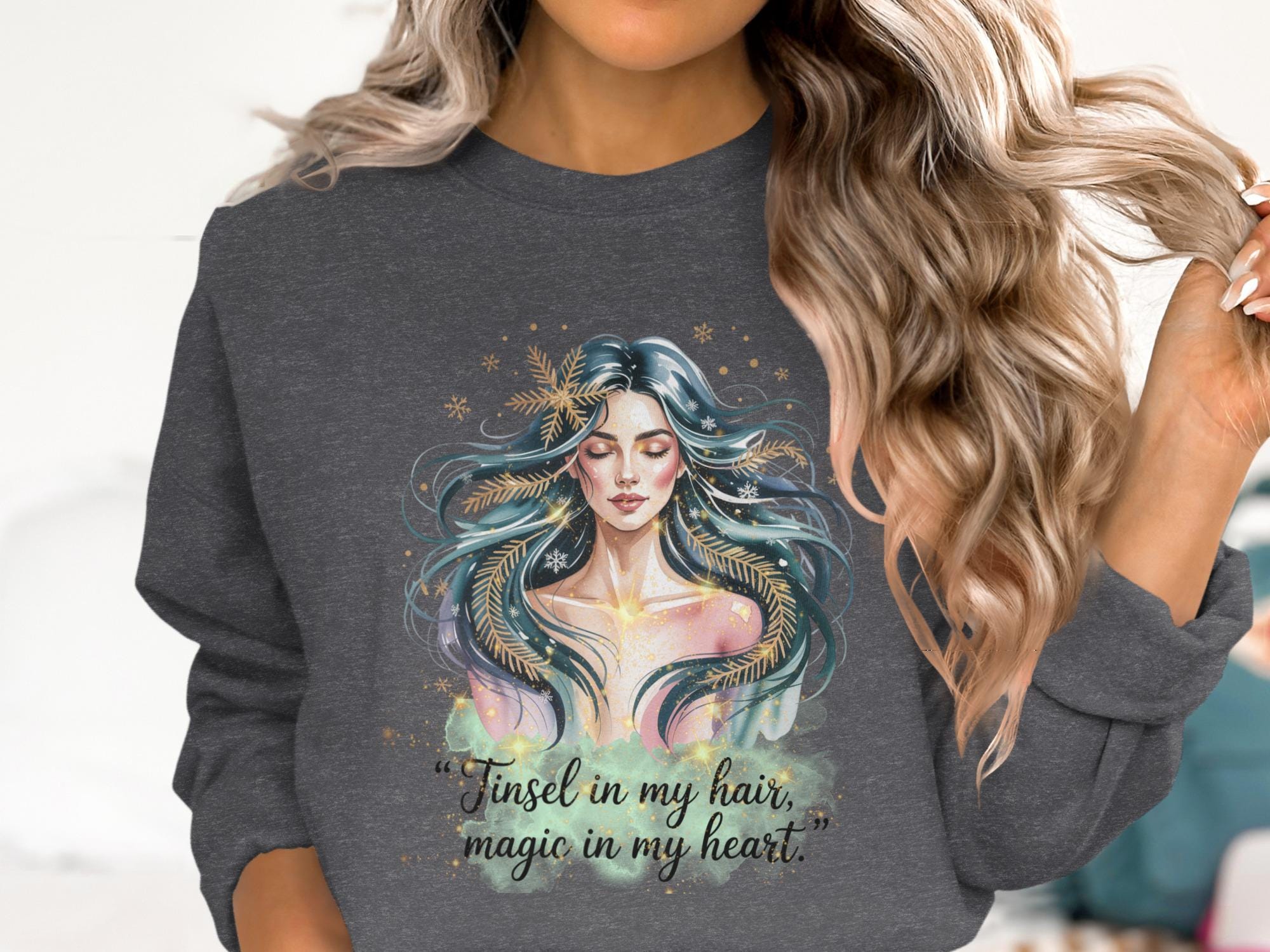 Tinsel in my hair magic in my heart sweatshirt, cozy graphic pullover, winter quote sweater, casual holiday top, unique gift idea