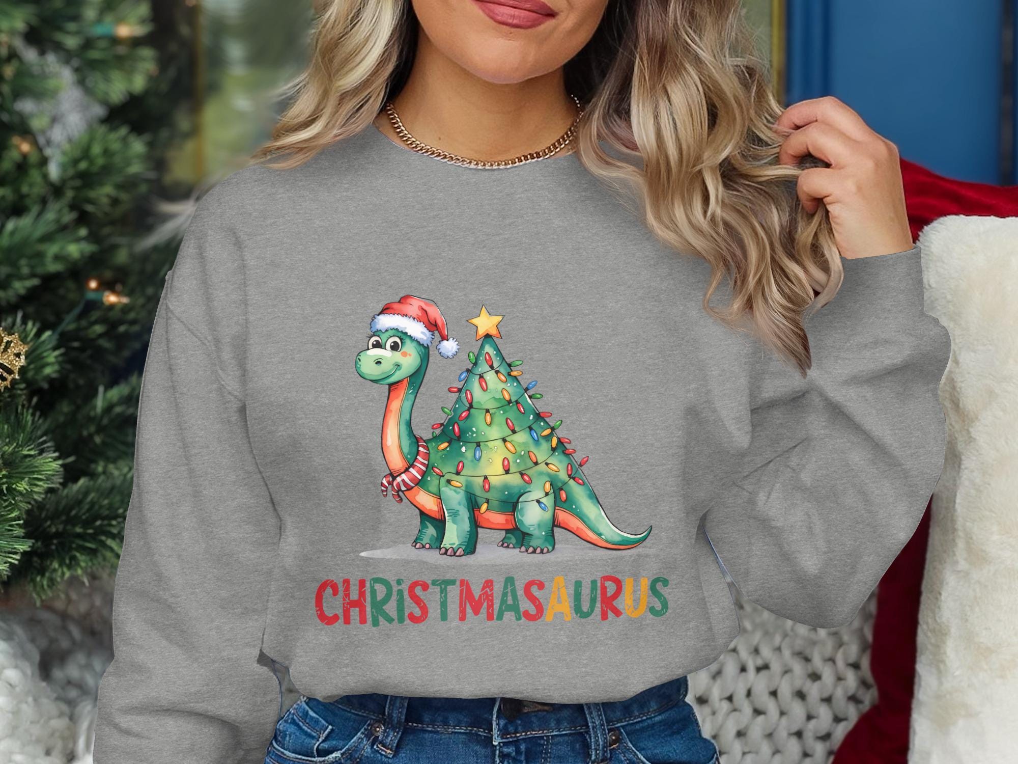 Christmas Dinosaur Sweatshirt, Funny Holiday Sweater, Festive Christmasaurus Pullover, Cute Dinosaur Christmas Gift
