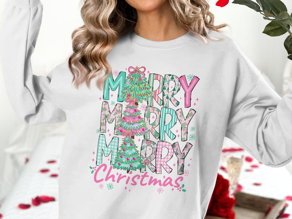 Cute Merry Christmas Sweatshirt, Holiday Graphic Sweater, Festive Winter Shirt, Christmas Tree Design, Cozy Christmas Apparel