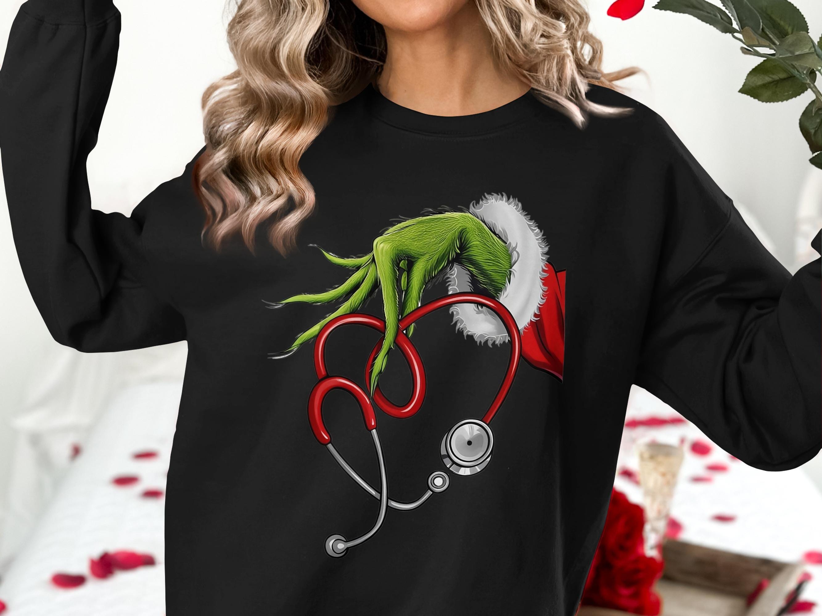 Grinch Stethoscope Christmas Shirt, Funny Holiday Doctor Nurse Shirt, Xmas Medical Staff Gifts, Cozy Festive Top for Healthcare