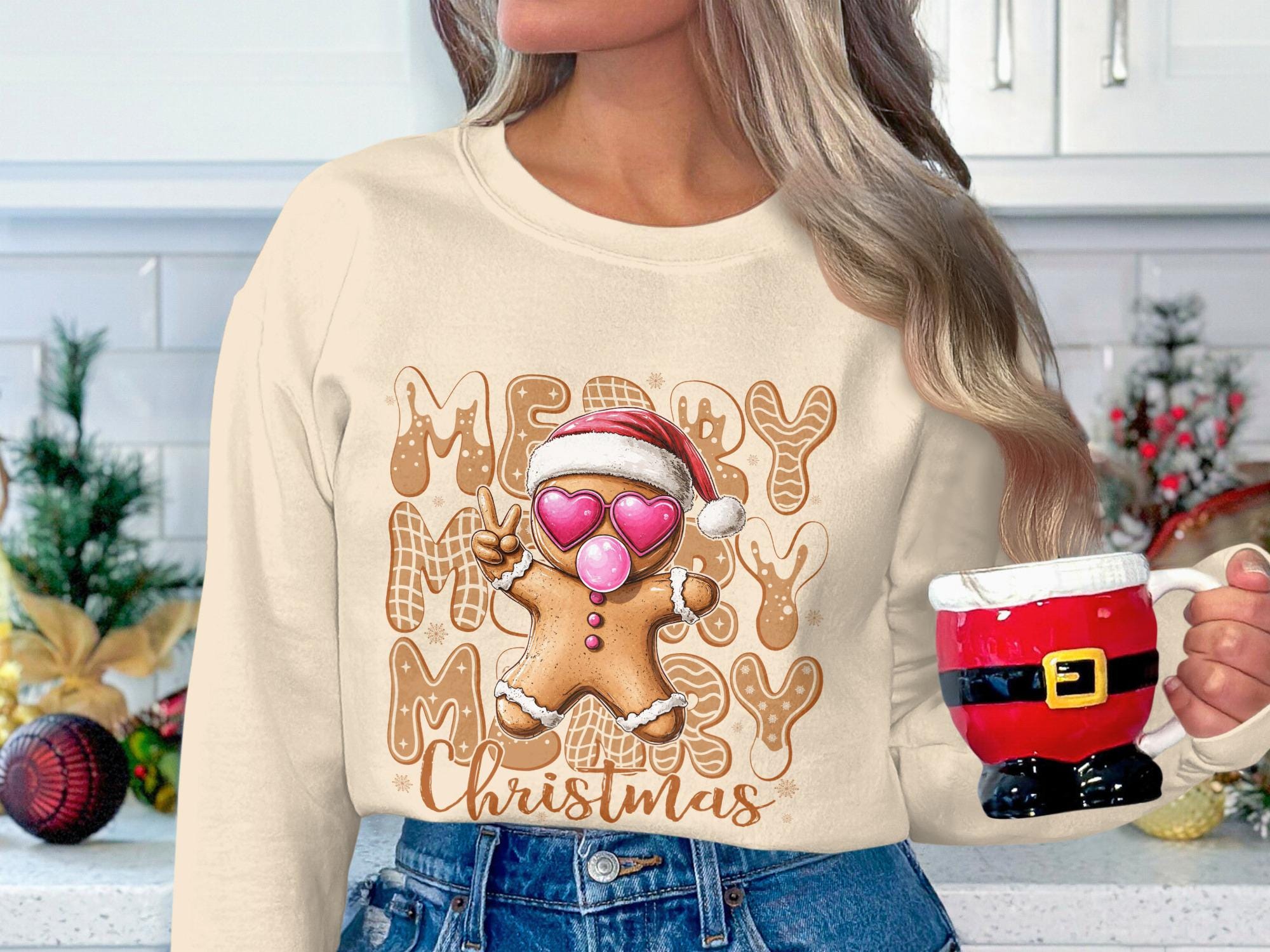 Merry Christmas Gingerbread Man Sweatshirt, Cute Holiday Sweater, Festive Winter Shirt, Xmas Themed Crewneck Pullover