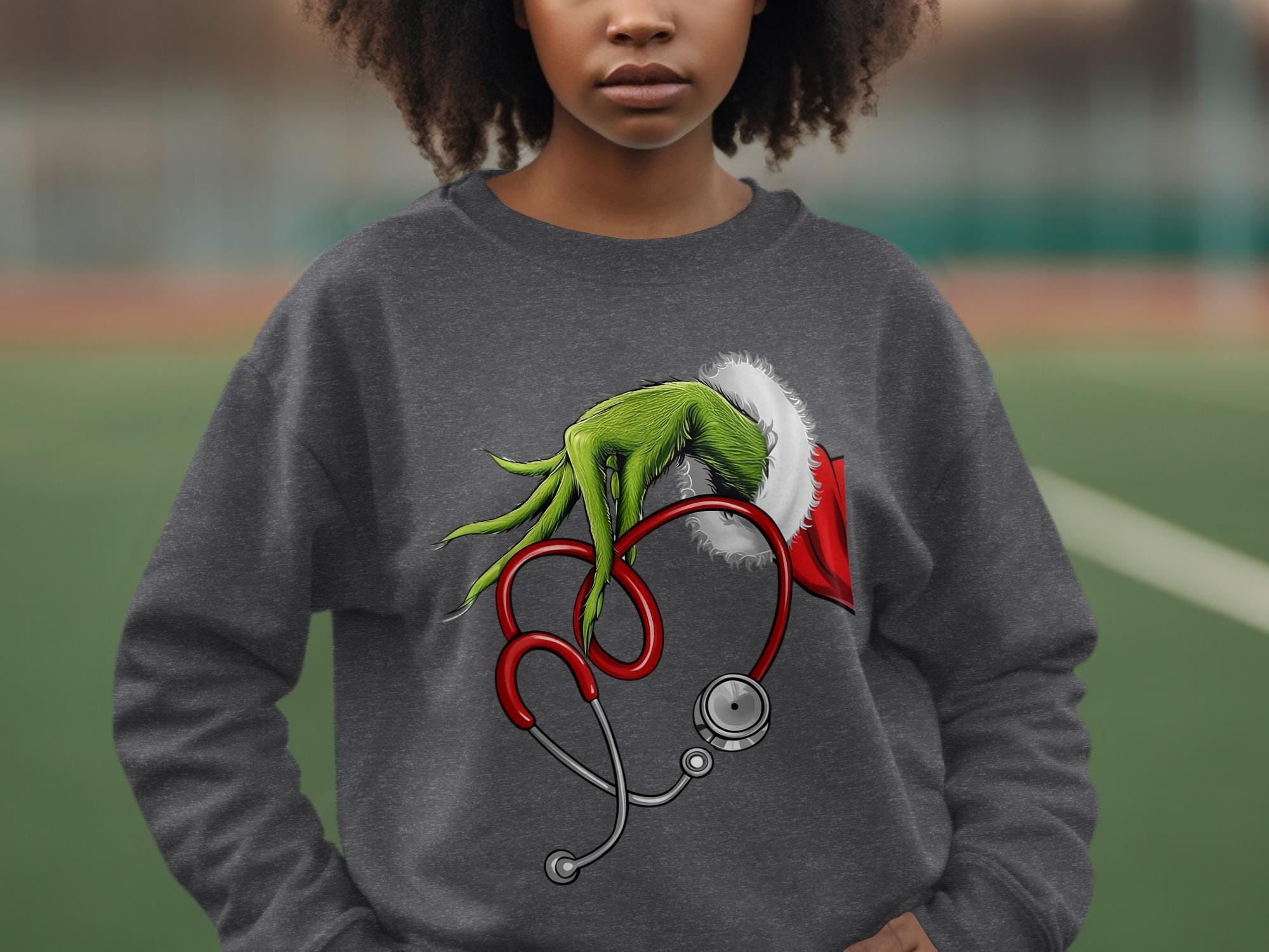 Christmas nurse sweater, Grinch hand with stethoscope, holiday medical sweatshirt, festive healthcare worker gift