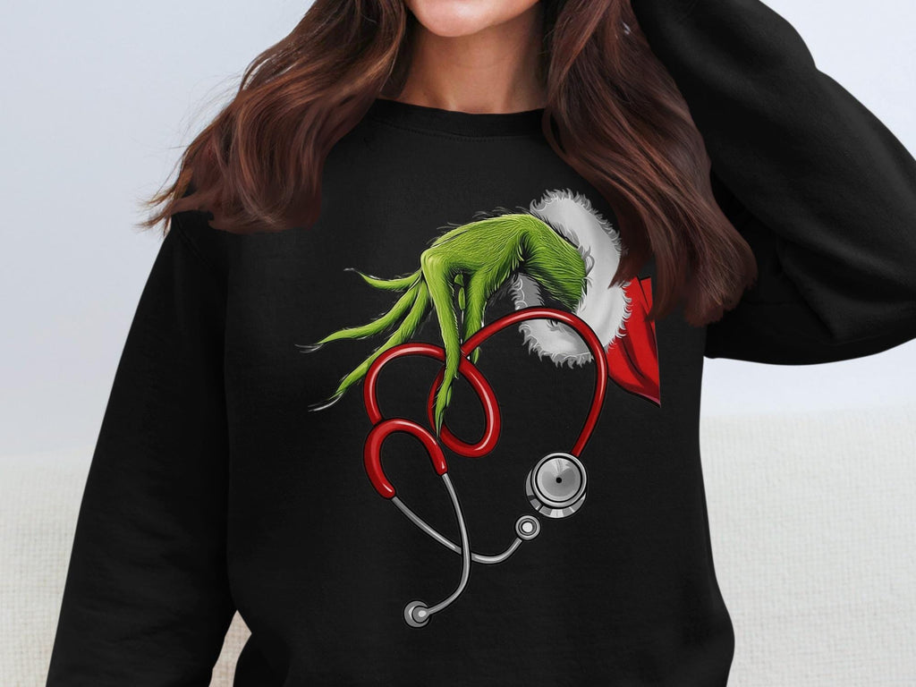 Christmas Nurse Sweatshirt, Grinch Hand Stethoscope Shirt, Funny Holiday Nurse Gift, Cute Nurse Crewneck, Christmas Medical Apparel