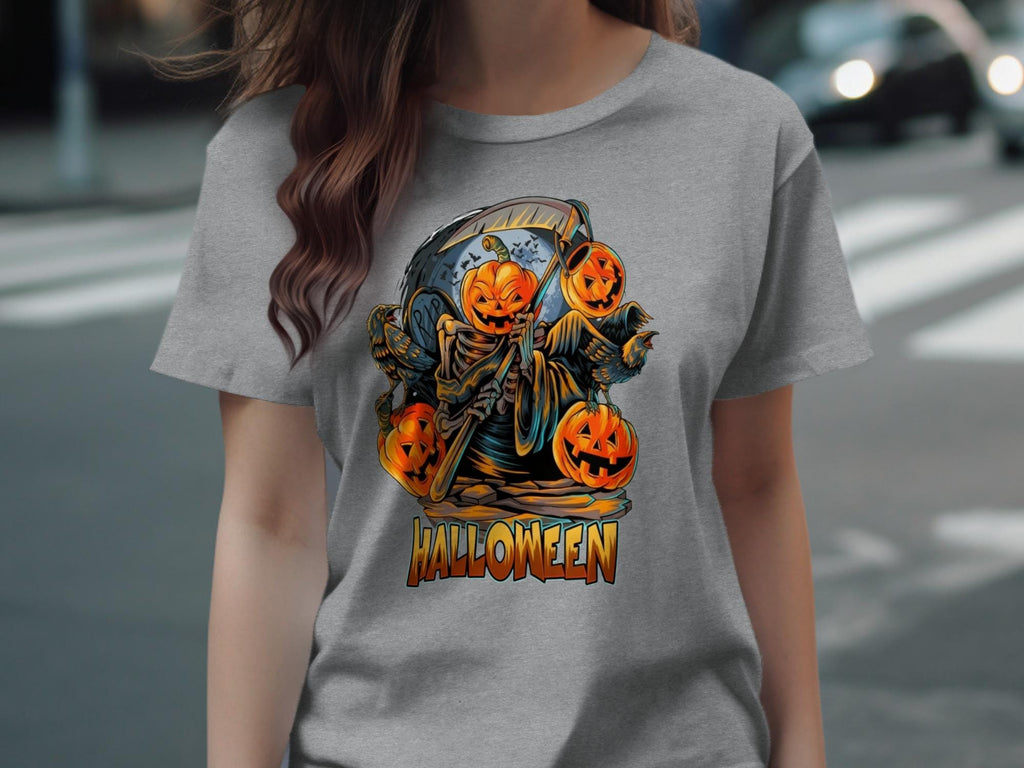 Halloween Graphic Tee, Pumpkin Grim Reaper Shirt, Spooky Halloween T-Shirt, Unisex Halloween Apparel, Fun Halloween Party Wear