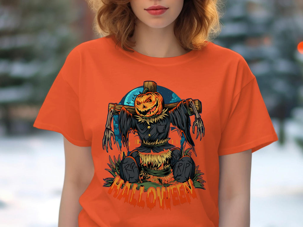 Halloween Pumpkin Scarecrow Shirt, Spooky Halloween Graphic Tee, Creepy Fall Season Shirt, Scary Pumpkin Face T-Shirt