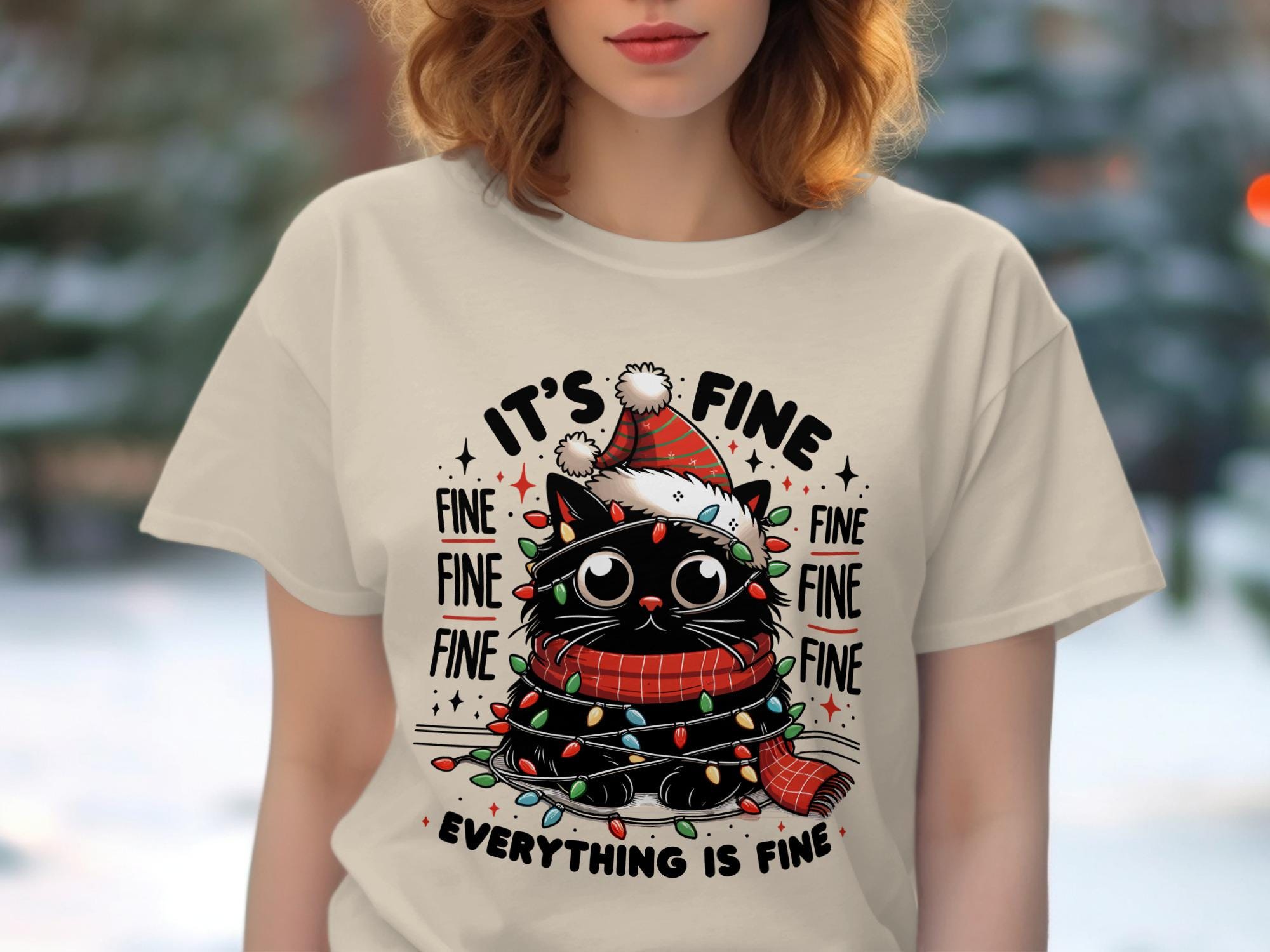 Funny Christmas Cat Shirt, Holiday Cat T-Shirt, Cute Cat in Lights Tee, Everything is Fine Christmas Top, Festive Cat Gift Idea