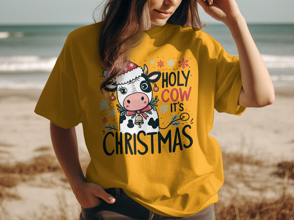 Funny Christmas T-shirt, Holy Cow It’s Christmas Tee, Cute Cow Graphic Shirt, Festive Holiday Top, Christmas Party Outfit