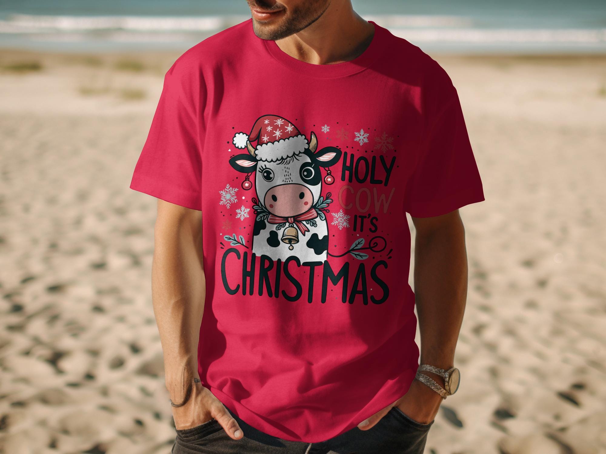 Funny Christmas Cow Shirt, Holy Cow Christmas Tee, Cute Animal Christmas Shirt, Funny Holiday Cow T-shirt for Men