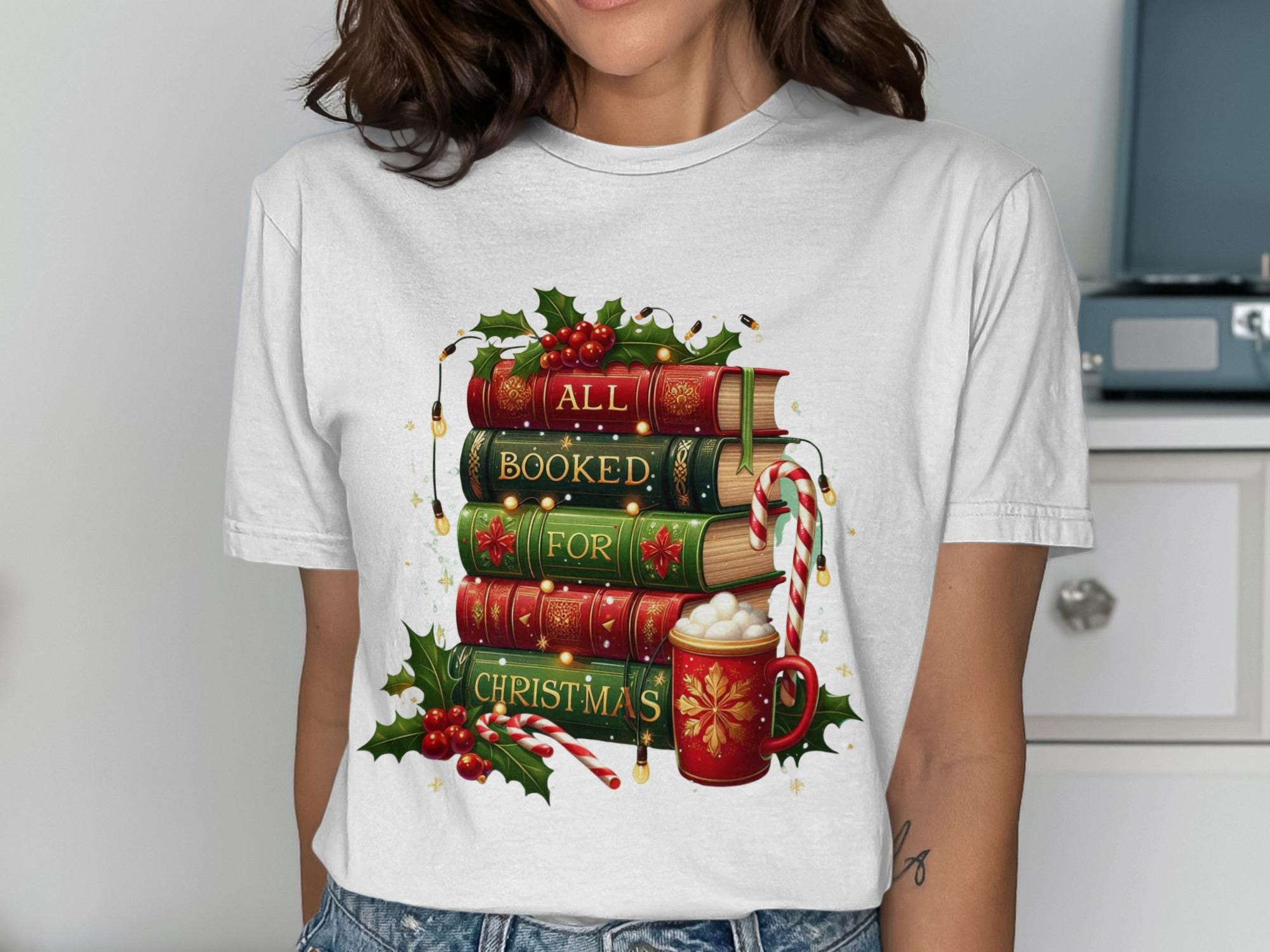 Christmas books themed shirt, All Booked For Christmas tee, Holiday reading lover gift, Festive bookworm top, Cozy winter shirt