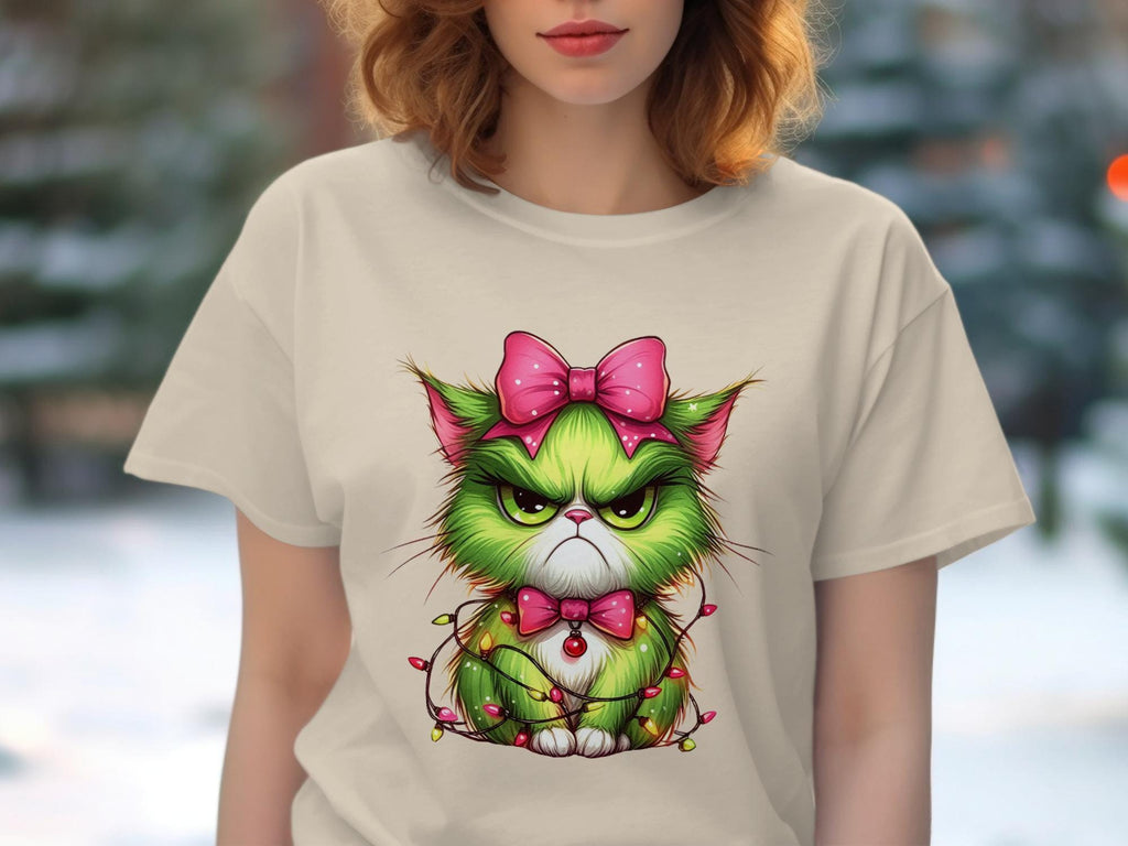Grumpy Christmas Cat Shirt, Funny Holiday Cat Tee, Angry Cat in Christmas Lights, Cute Grinch Cat Shirt for Cat Lovers