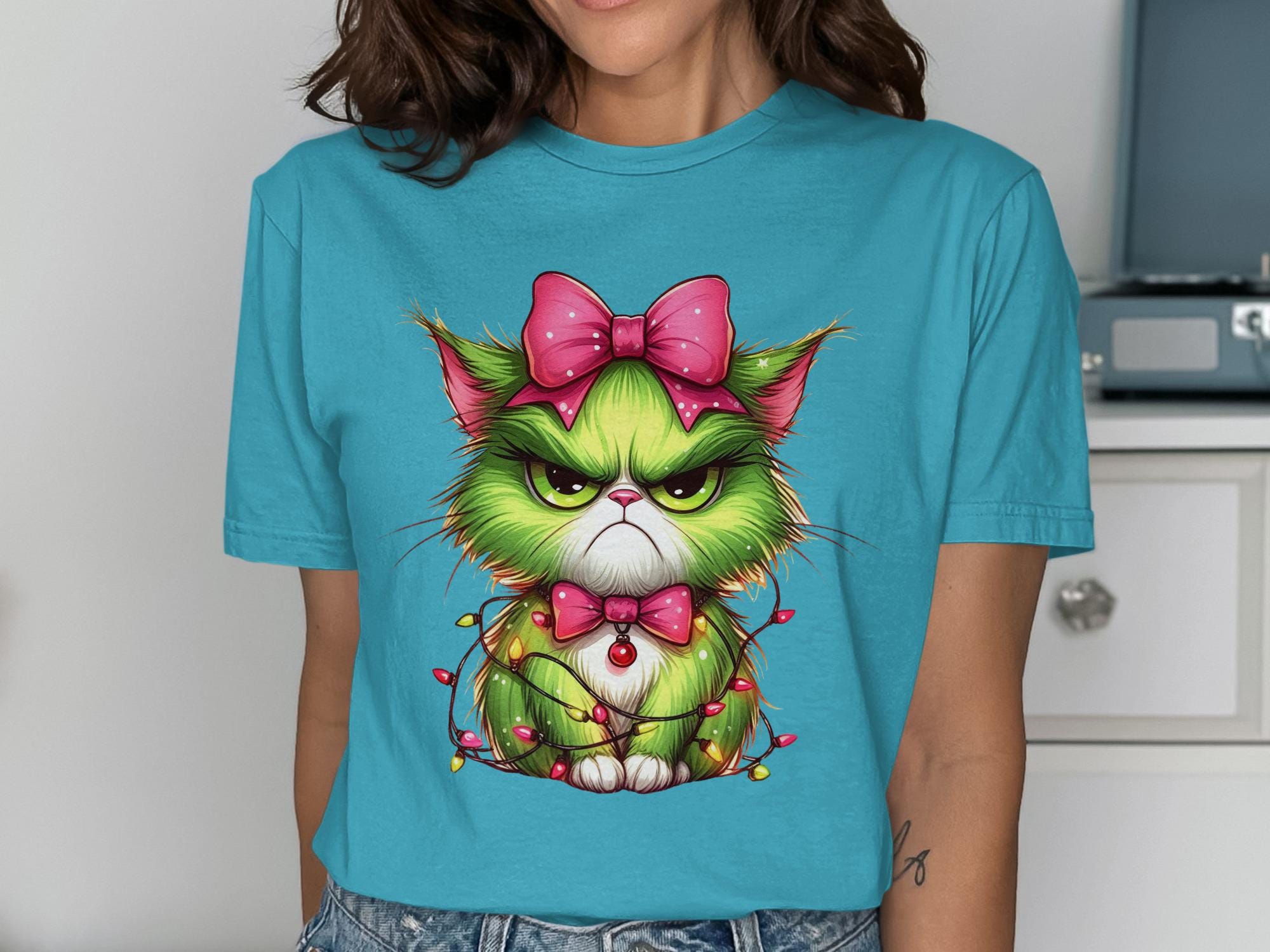 Grumpy Cat Shirt, Funny Christmas Cat Shirt, Holiday Cat Tshirt, Cute Cat Bow Tshirt, Cat Lover Gift, Christmas Party Outfit