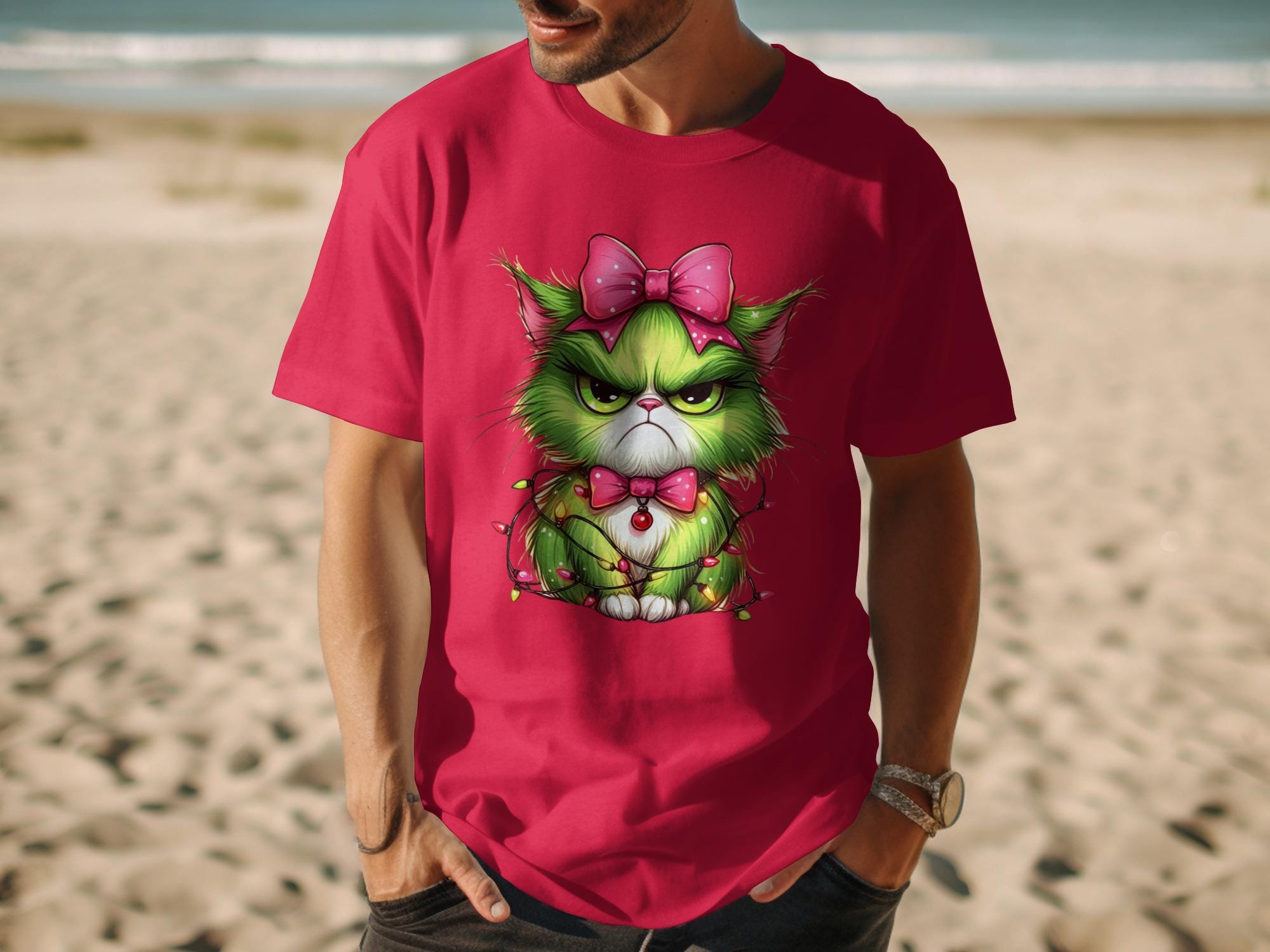 Grumpy Green Cat Shirt, Funny Cartoon Cat T-Shirt, Cute Cat with Bow Tee, Humorous Cat Lover Gift, Unique Graphic Cat Top