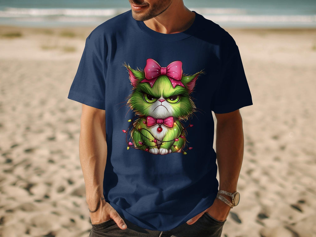 Grumpy Cat with Bow T-Shirt, Funny Cat Shirt, Cute Cat Tee, Cat Lover Gift, Cartoon Cat Graphic Tee, Beach Wear Cat Shirt