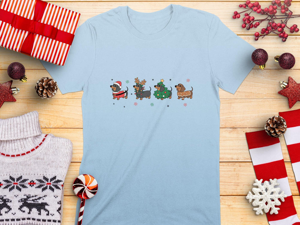 Christmas dog shirt, holiday dachshund design, festive pet lover gift idea, cute Xmas puppy tee, fun seasonal dog lover apparel