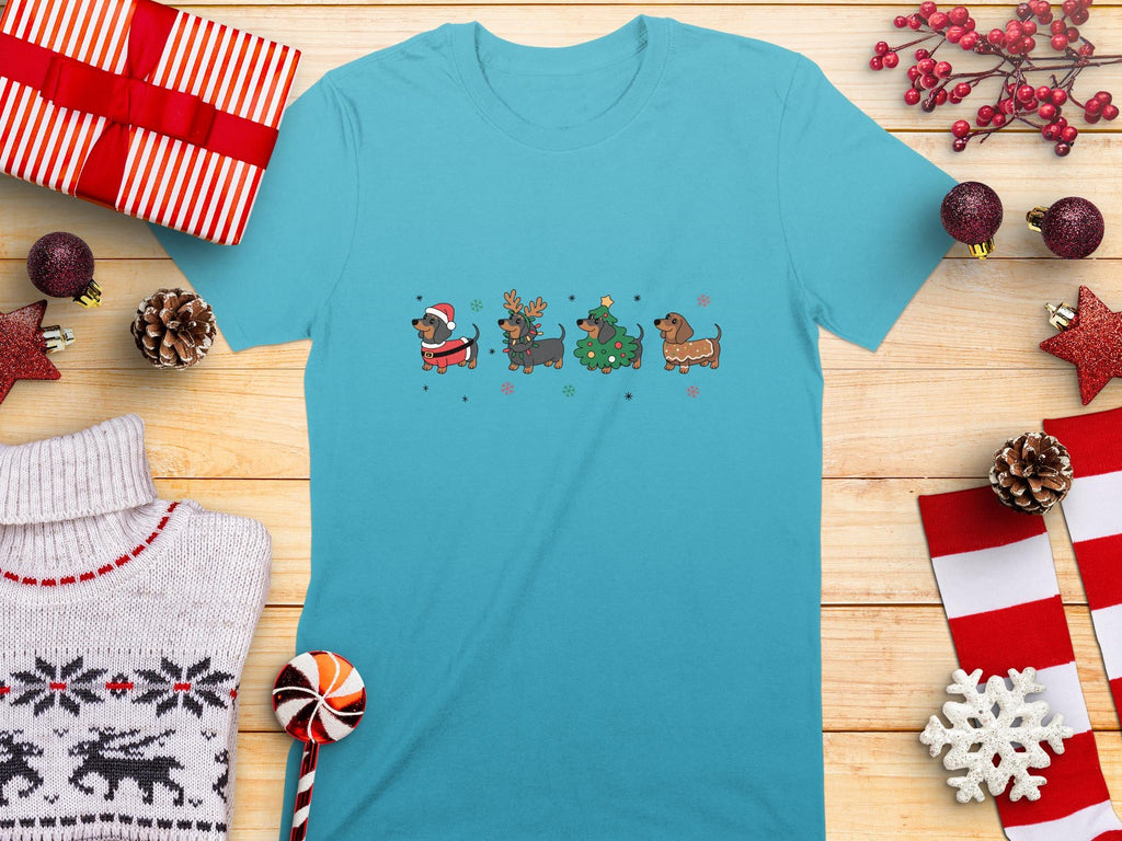 Cute Christmas Dachshund T-Shirt, Festive Holiday Dog Lover Gifts, Fun Merry Canine Graphic Tee, Pug and Tree Print Apparel