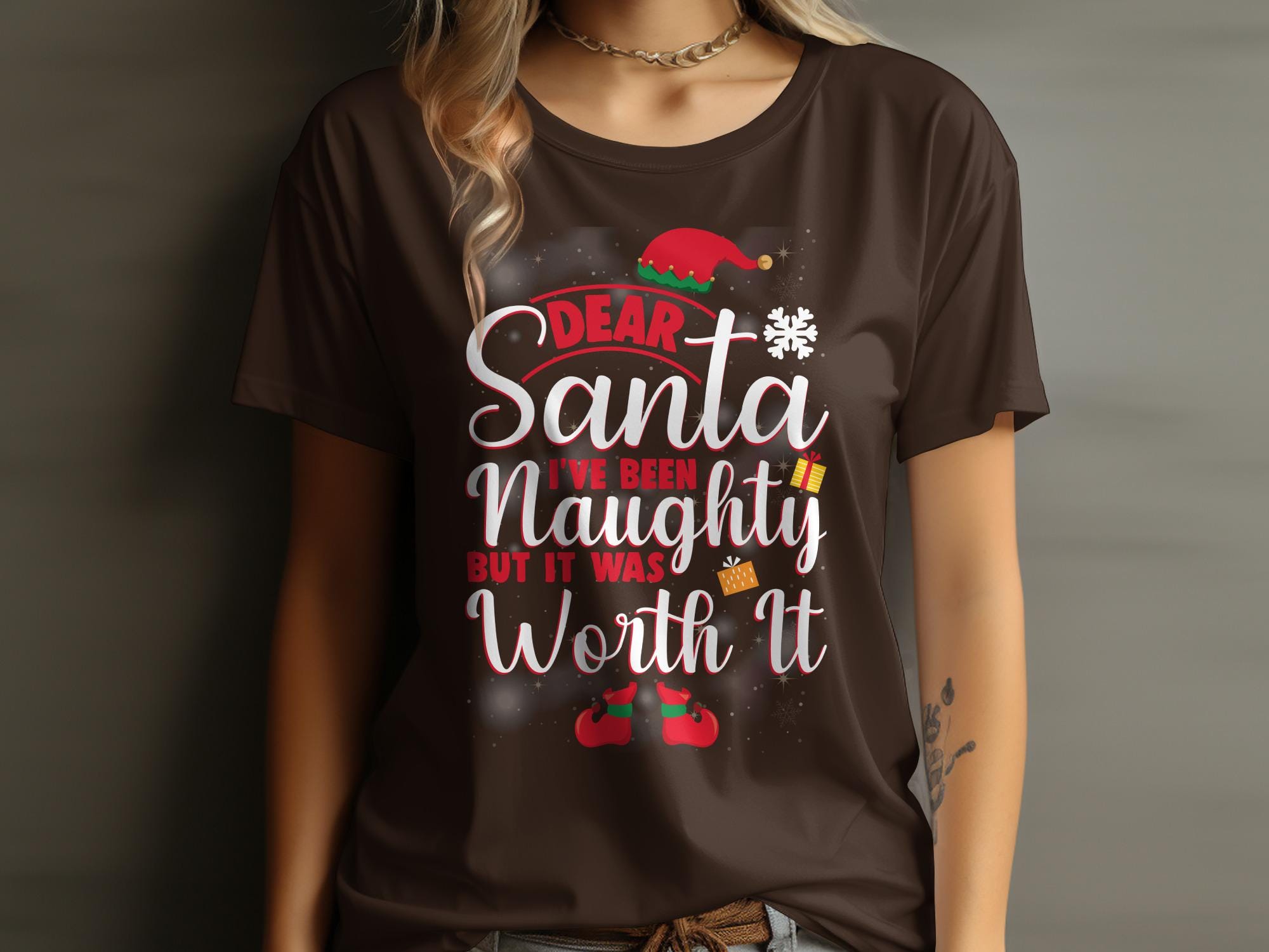 Dear Santa Tshirt, Naughty But Worth It Shirt, Funny Christmas Tee, Xmas Holiday Top, Festive Graphic Tee, Holiday Gifts for Her
