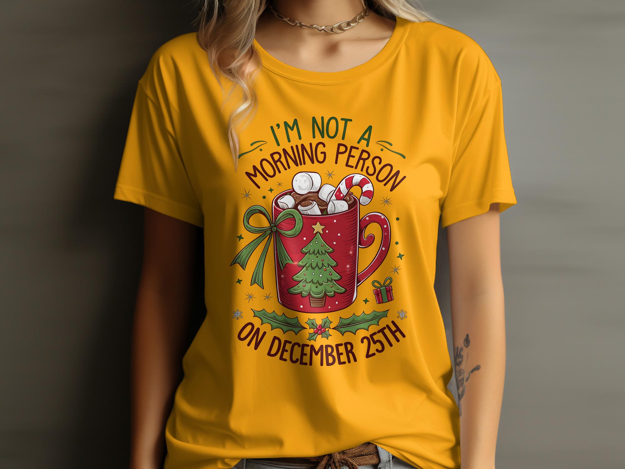 Christmas Morning Person T-Shirt, Holiday Coffee Mug Graphic Tee, December 25th Quote Shirt, Festive Casual Wear