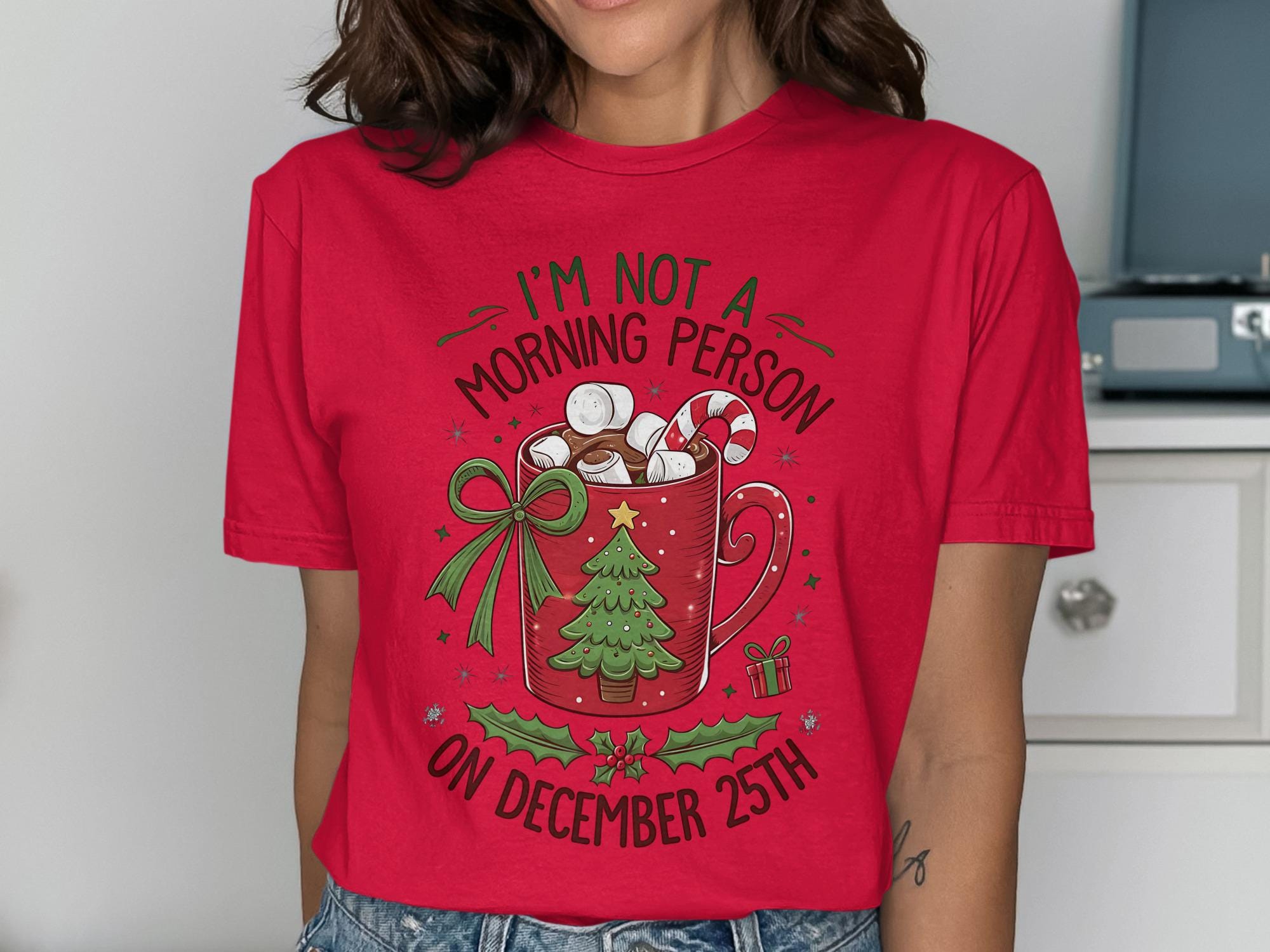 Christmas Morning Pajamas Shirt, Funny December 25th Tee, Holiday Coffee Mug Top, Cute Xmas Gift, Red Christmas T-shirt, Santa&#39;s Helper