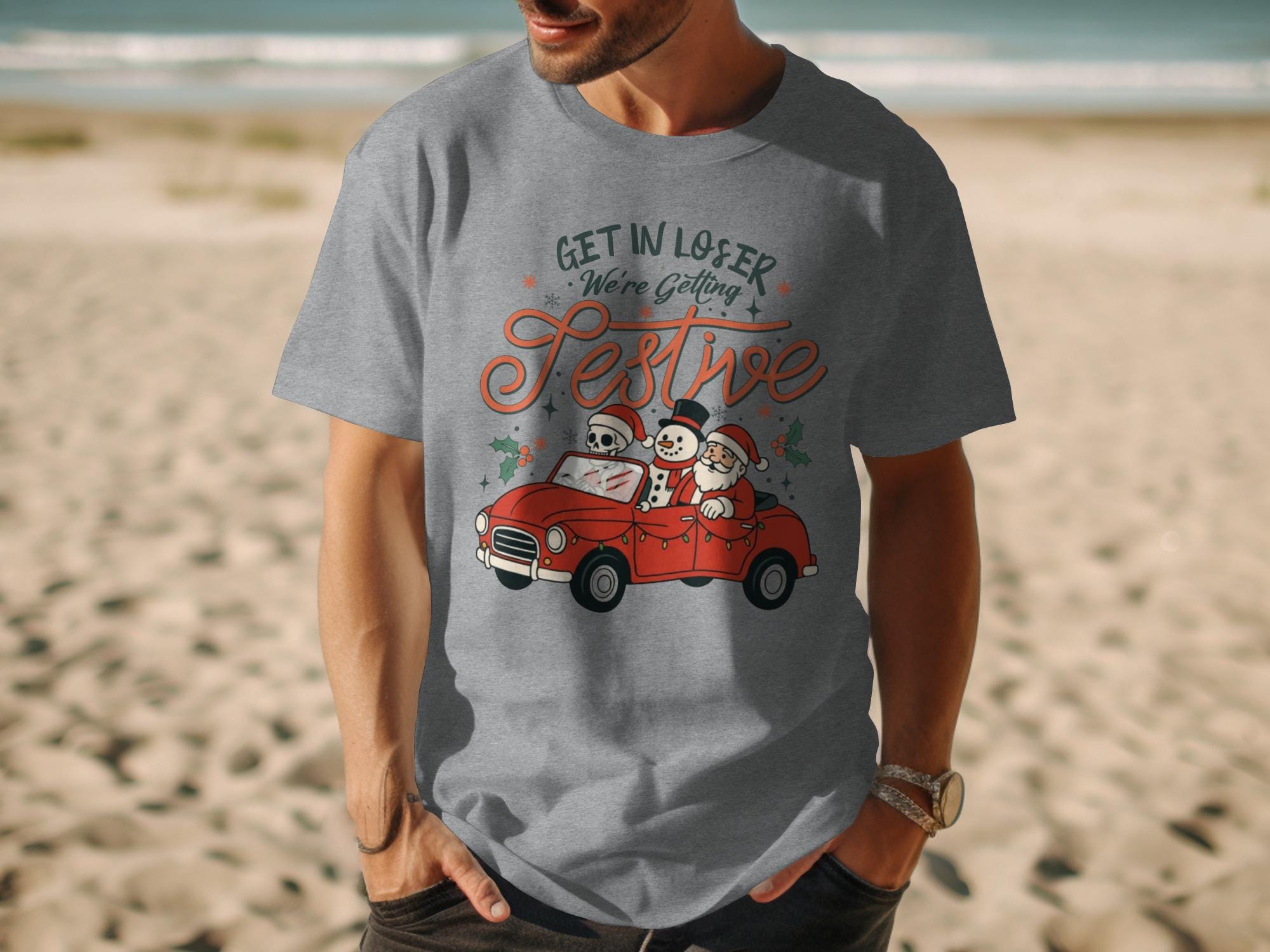 Funny Christmas Shirt, Get In Loser Holiday Tee, Festive Snowmen T-Shirt, Santa Claus Car Xmas Top, Holiday Party Shirt