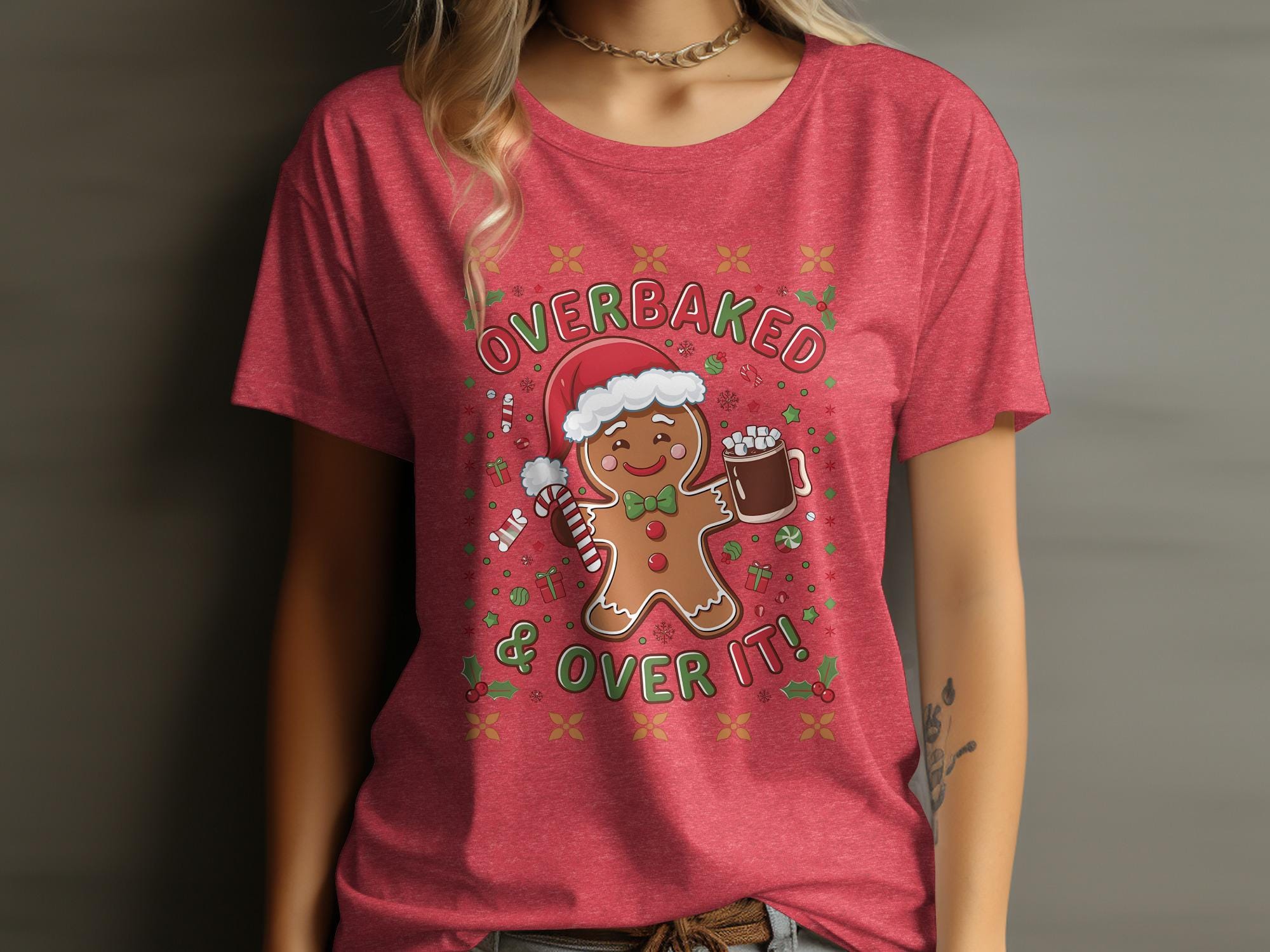 Funny Christmas Gingerbread Shirt, Overbaked and Over It, Cute Holiday Graphic Tee, Festive Xmas T-Shirt, Women’s Christmas Top