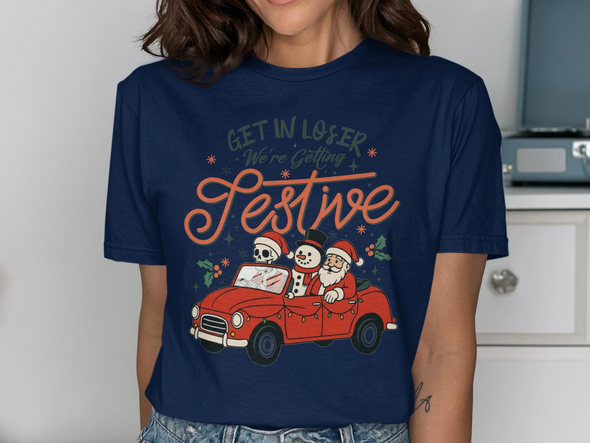 Get in Loser T-Shirt, Halloween Christmas Shirt, Festive Holiday Tee, Skeleton Snowman Car Shirt, Funny Graphic T-Shirt