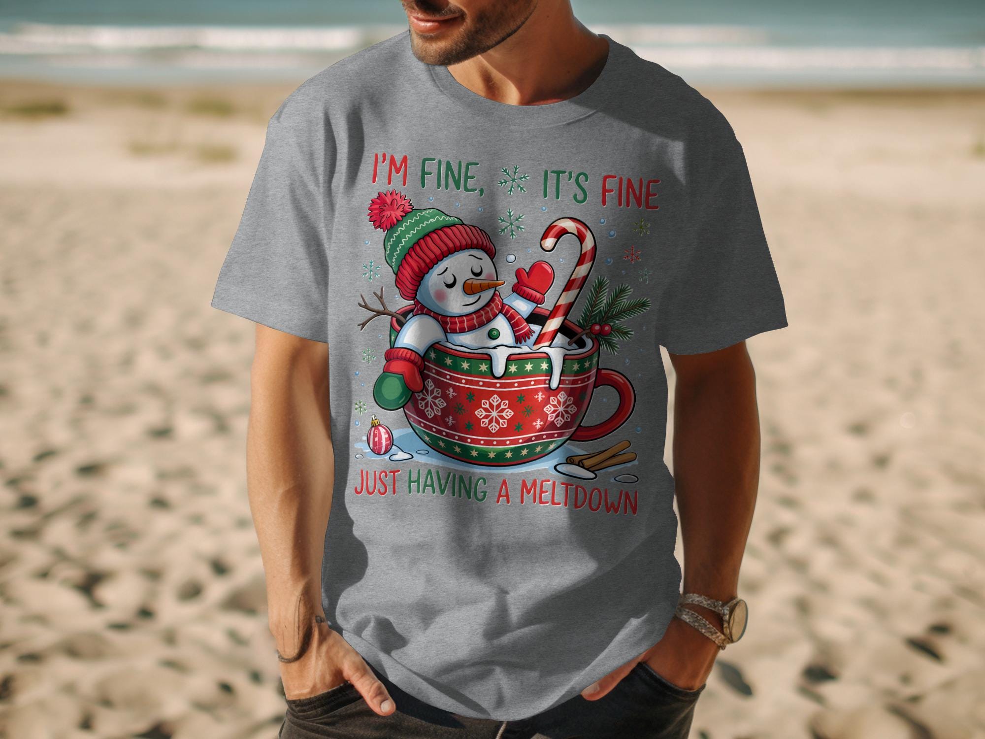 I&#39;m Fine It&#39;s Fine Just Having A Meltdown T-Shirt, Funny Christmas Shirt, Snowman with Mug Tee, Cute Holiday Graphic Top