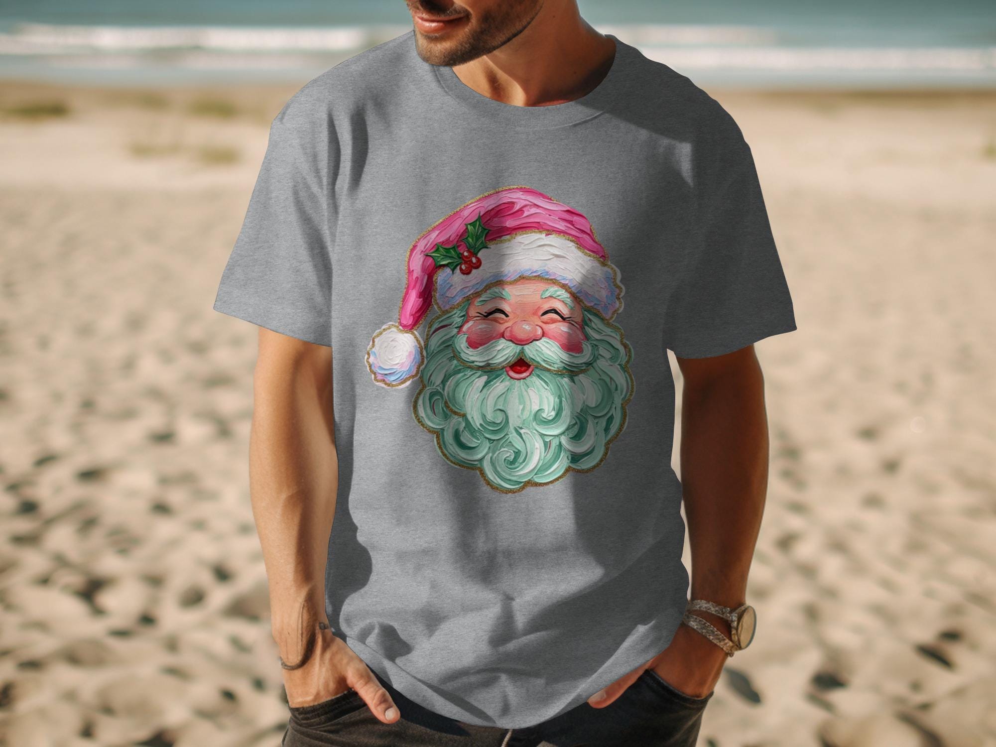 Funny Christmas Santa Claus T-Shirt, Cute Holiday Graphic Tee, Merry Xmas Shirt, Festive Santa Claus Face Tee, Beach Holiday Shirt