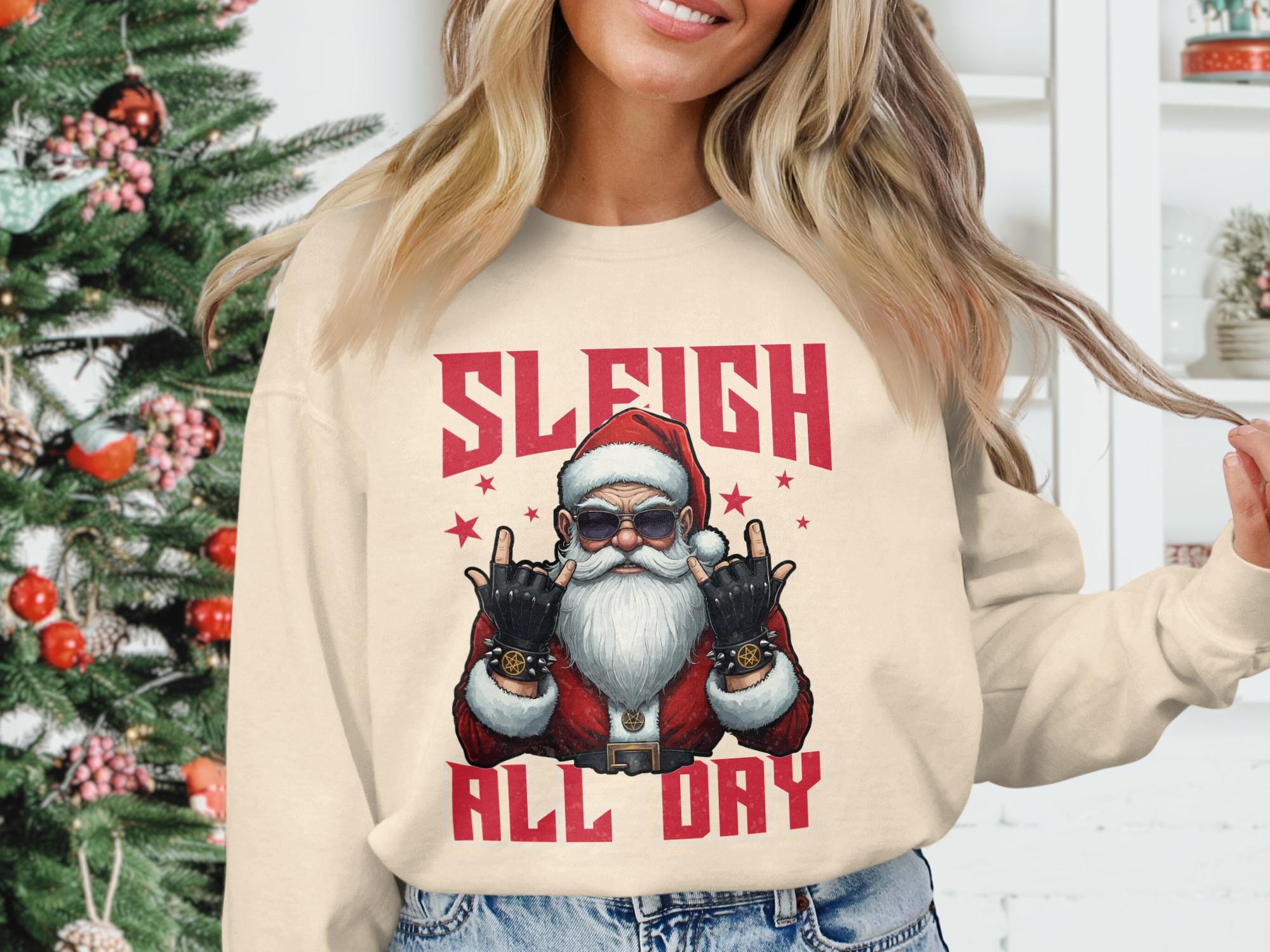 Sleigh All Day Sweatshirt, Santa Claus Graphic Pullover, Holiday Season Top, Christmas Themed Sweater, Funny Santa Claus Shirt