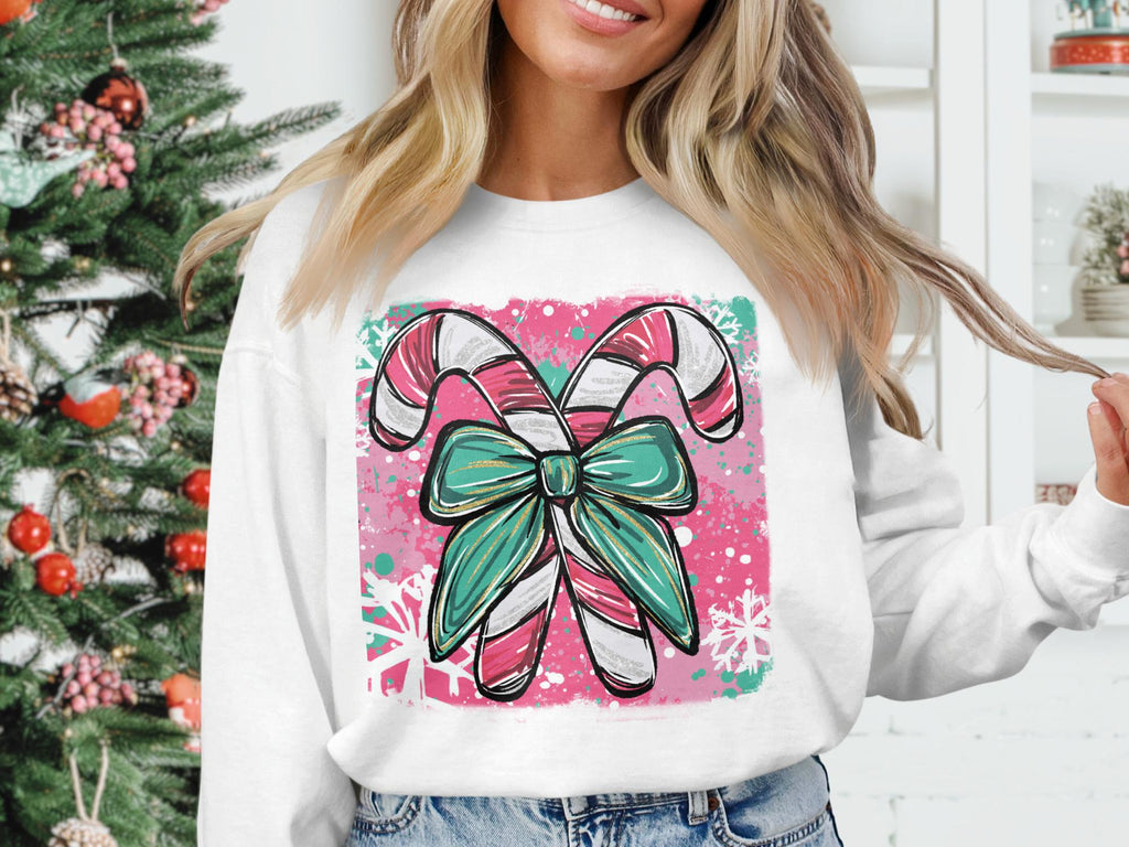 Christmas Candy Cane Bow Sweatshirt, Festive Holiday Sweater, Cute Winter Christmas Party Outfit, Cozy Xmas Pullover, Seasonal Apparel