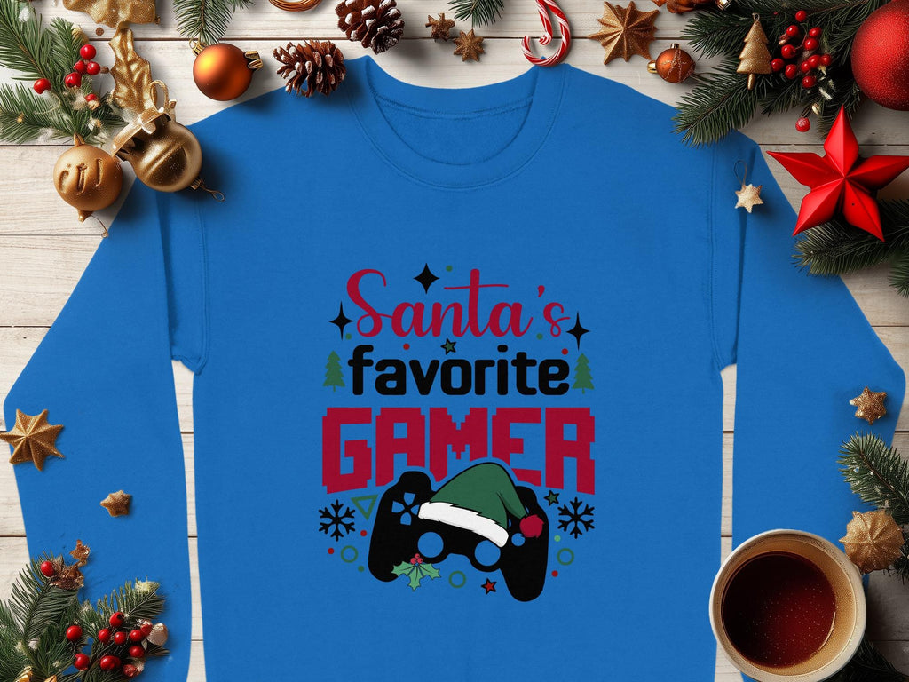 Santa&#39;s Favorite Gamer Funny Christmas Gaming Sweatshirt, Holiday Gamers Long Sleeve, Xmas Gift for Kids Teens Adults, Festive Wear