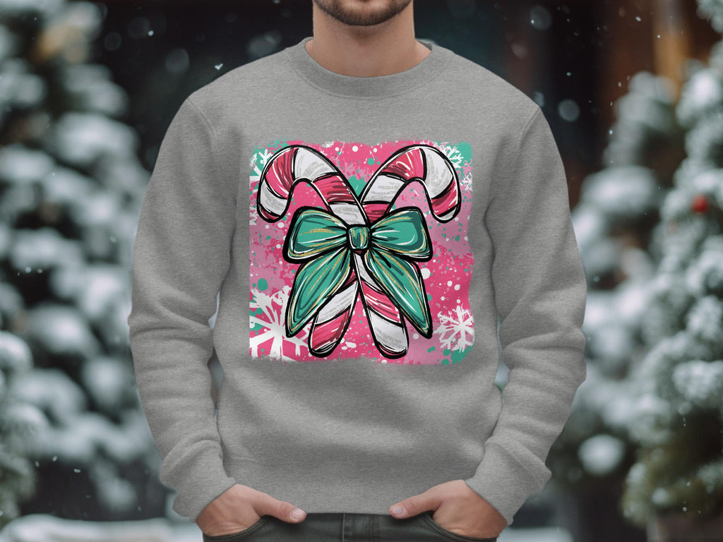 Christmas Candy Cane Bow Sweatshirt, Holiday Season Graphic Crewneck, Festive Winter Apparel, Xmas Party Outfit, Cute Gift Idea