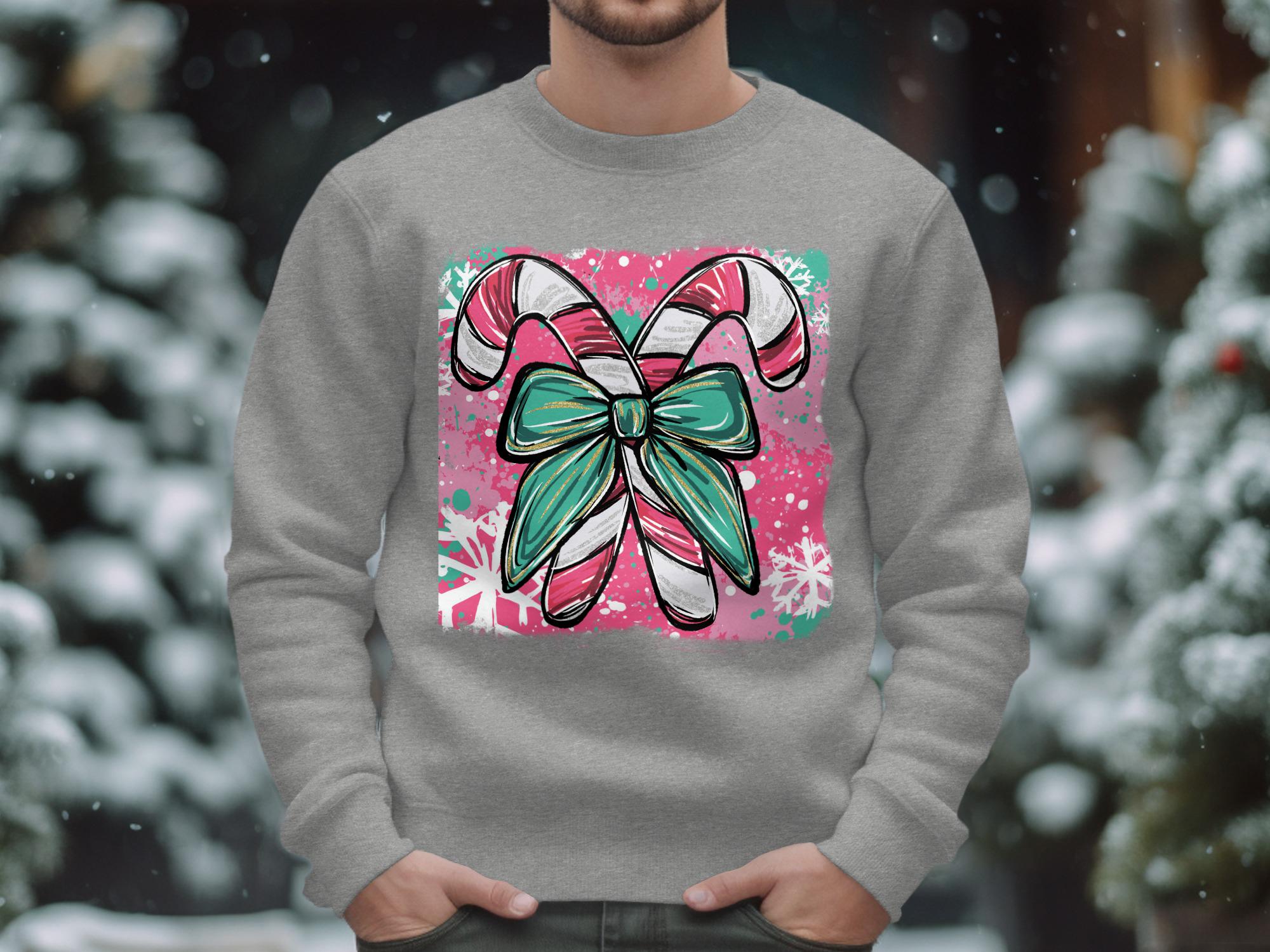 Christmas Candy Cane Bow Sweatshirt, Holiday Season Graphic Crewneck, Festive Winter Apparel, Xmas Party Outfit, Cute Gift Idea