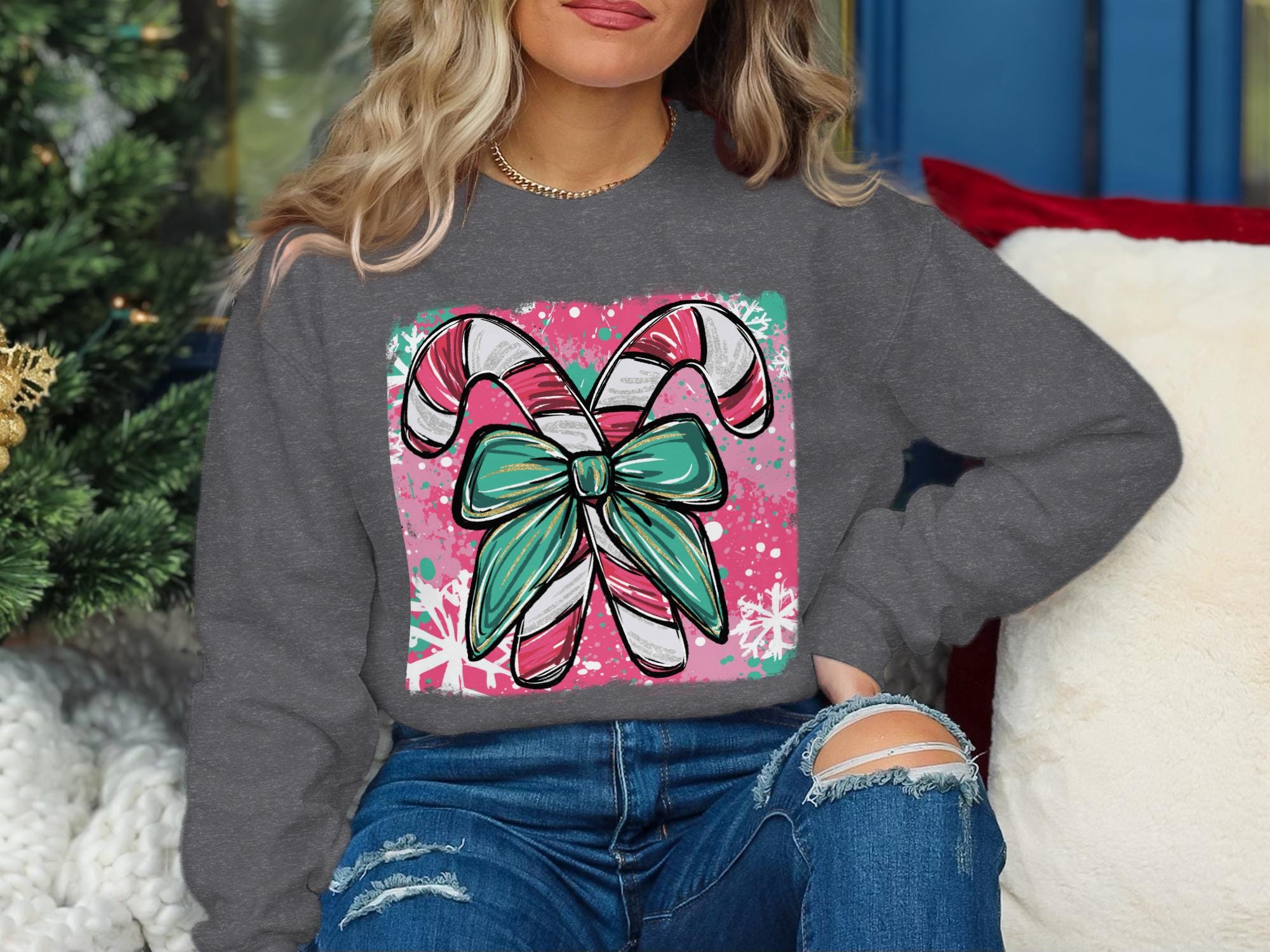 Christmas Candy Cane Sweatshirt, Holiday Graphic Pullover, Festive Cozy Sweater, Winter Casual Wear, Christmas Party Outfit, Gift Idea