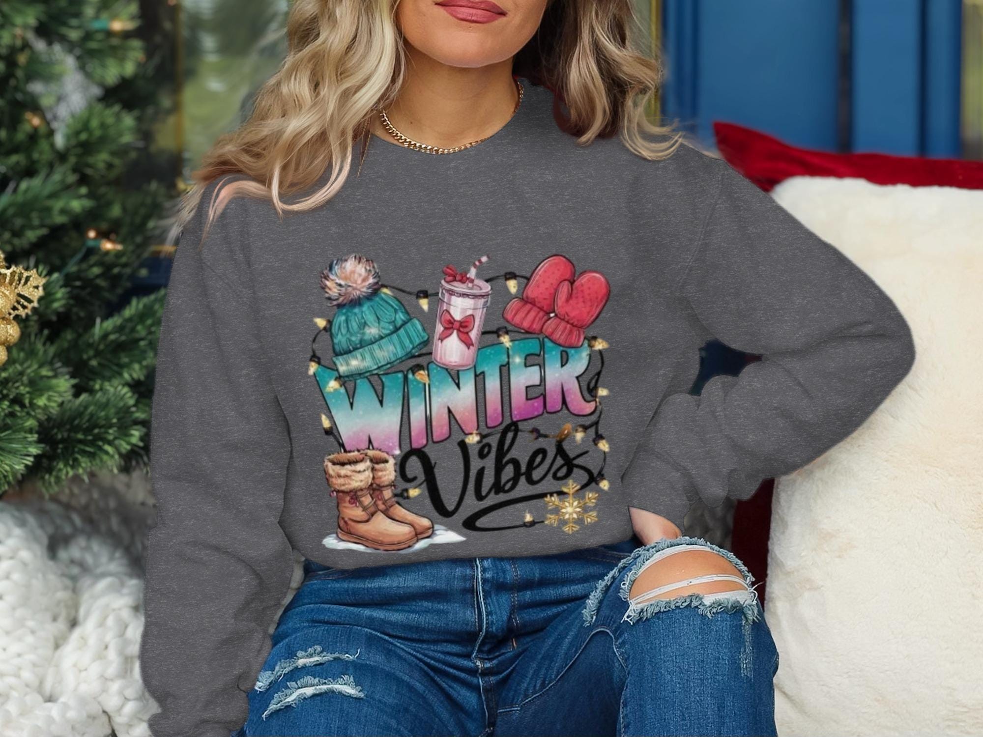 Winter Vibes Sweater, Cozy Winter Sweatshirt for Women, Cute Winter Clothing, Winter Fashion Pullover, Holiday Wear, Gift for Her