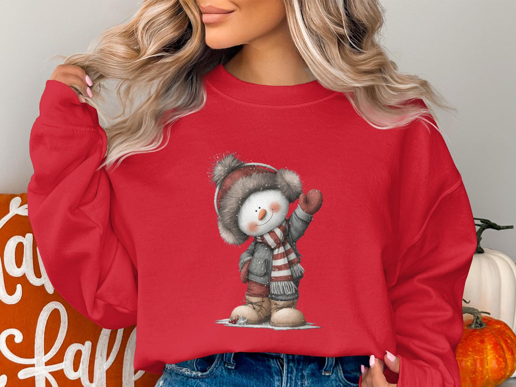 Winter Snowman Sweatshirt, Cozy Cute Snowman Red Sweater, Christmas Holiday Long Sleeve Top, Festive Warm Snowman Pullover