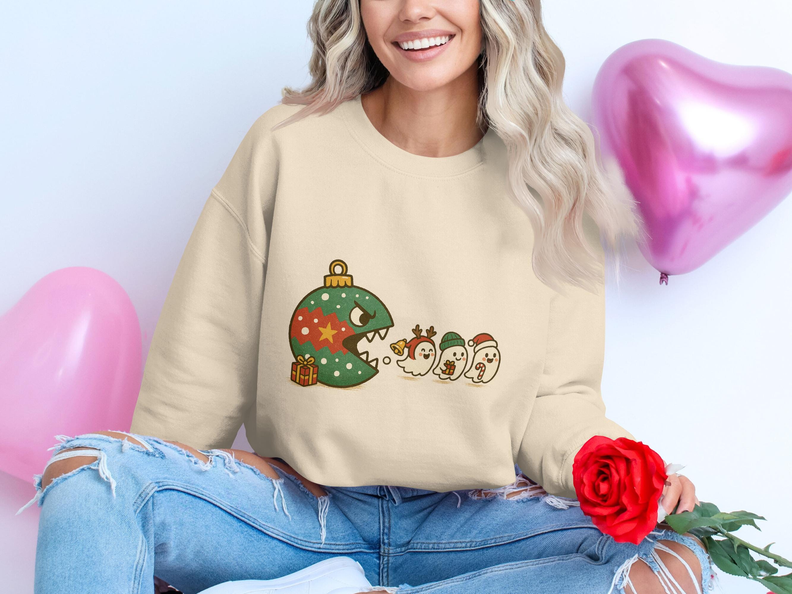Christmas Themed Game Character Sweatshirt, Cute Holiday Ghosts Graphic, Festive Gaming Sweater, Cozy Winter Apparel Gift
