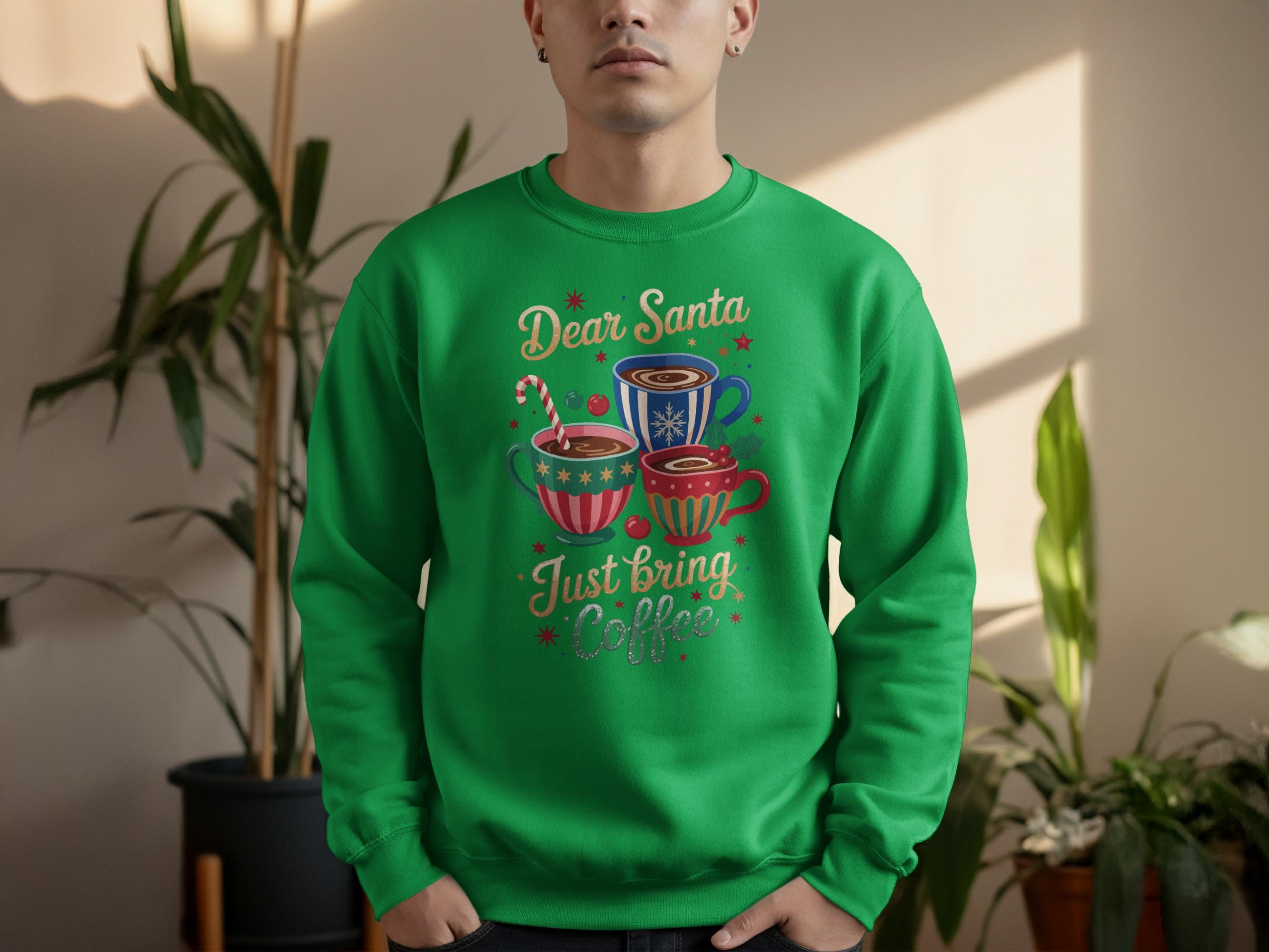 Dear Santa Just Bring Coffee Sweatshirt, Funny Christmas Sweater, Holiday Coffee Lover Shirt, Festive Graphic Pullover