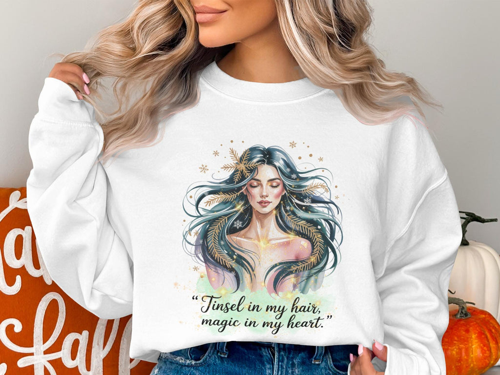 Tinsel in my hair magic in my heart sweatshirt, Cozy fall graphic pullover, Autumn aesthetic clothing, Artistic women&#39;s top