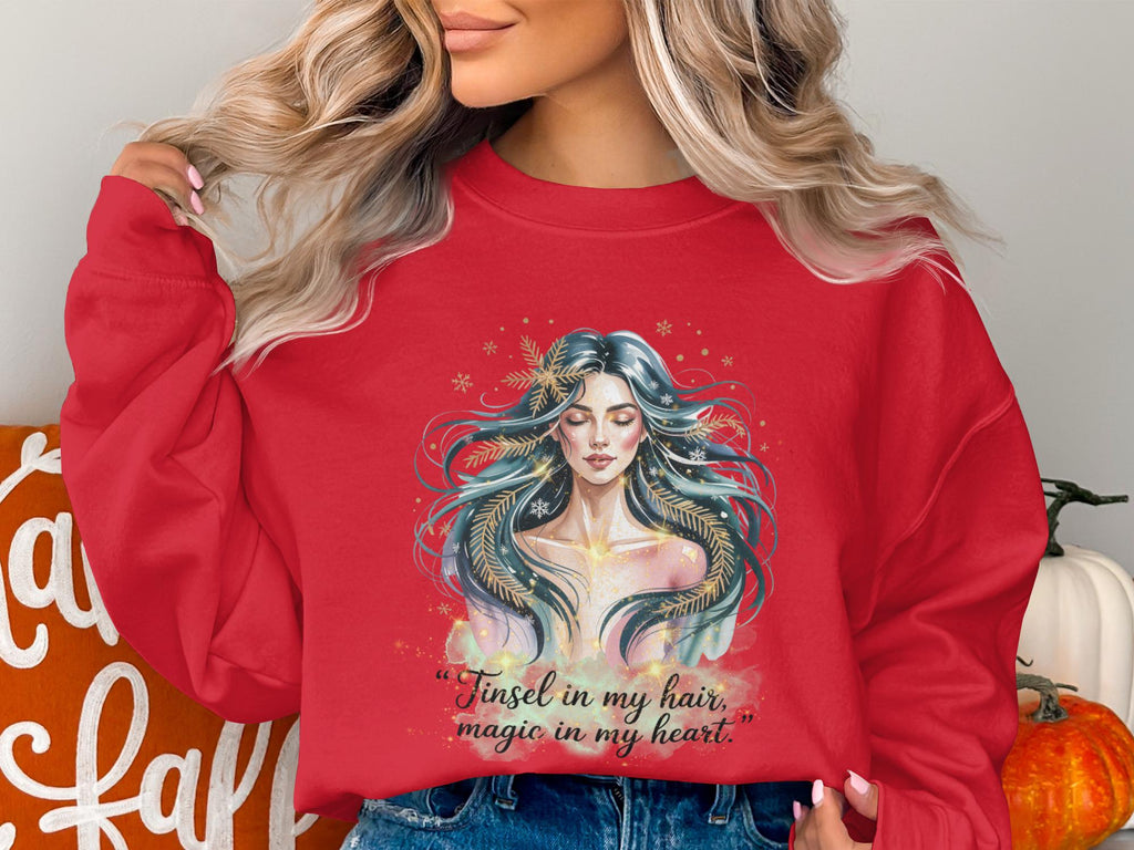 Tinsel in My Hair Magic in My Heart Red Sweater, Trending Christmas Holiday Sweatshirt, Cozy Winter Graphic Pullover