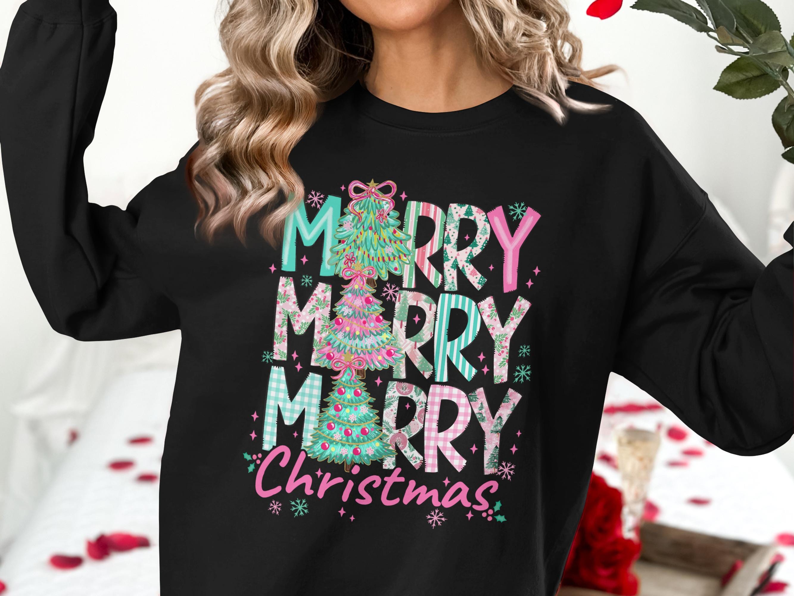 Merry Merry Merry Christmas Sweatshirt, Holiday Graphic Pullover, Festive Winter Shirt, Christmas Tree Print Top, Cozy Xmas Sweater