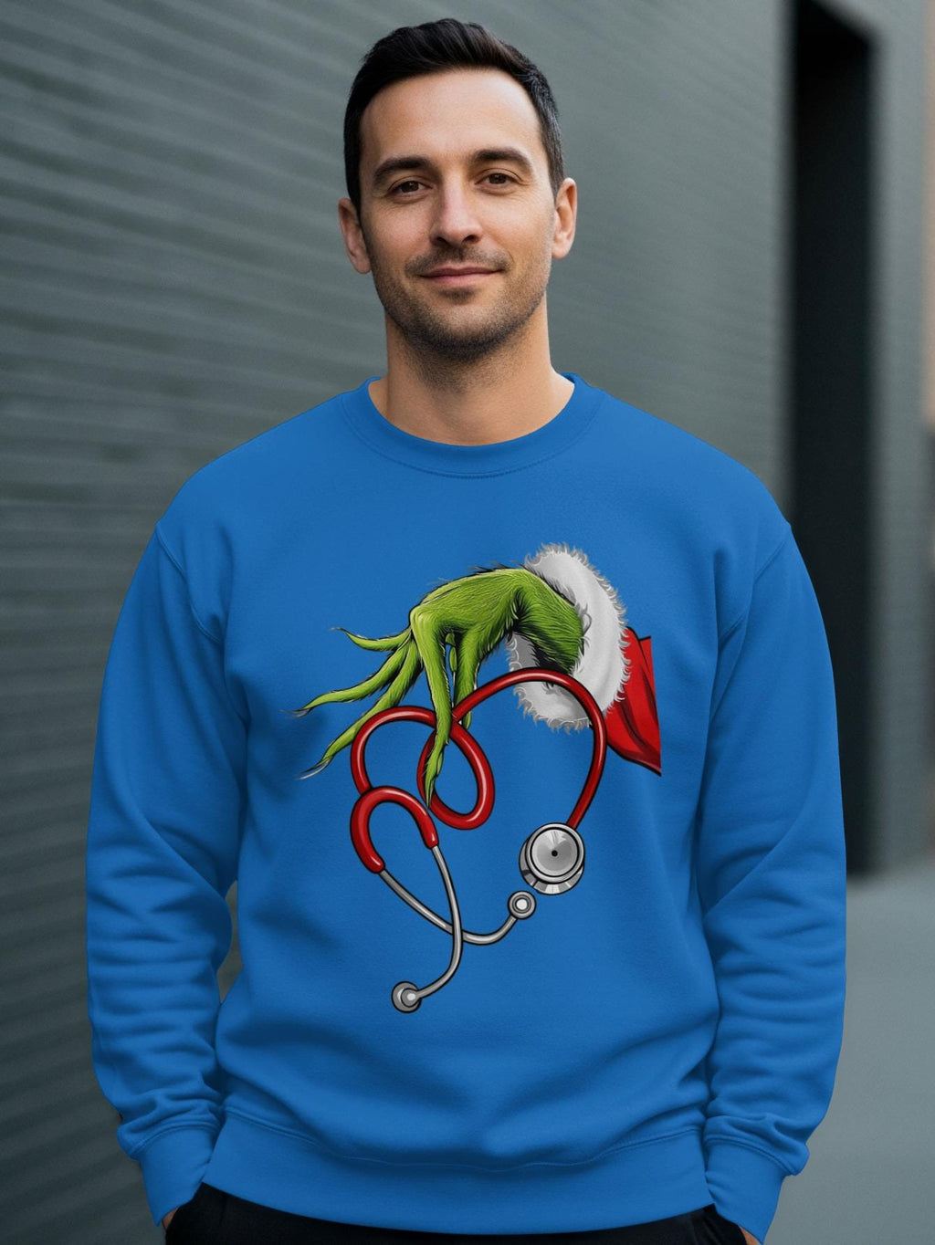 Grinch Hand Stethoscope Sweatshirt, Christmas Doctor Gift, Medical Professional Holiday Apparel, Funny Festive Nurse Sweater