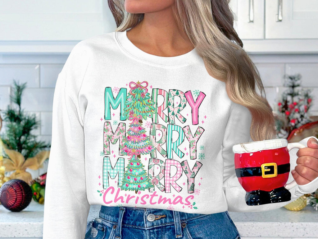 Christmas Sweatshirt Merry Merry Merry Print, Festive Holiday Sweater Cute Christmas Gift, Christmas Outfit Women, Cozy Xmas Top