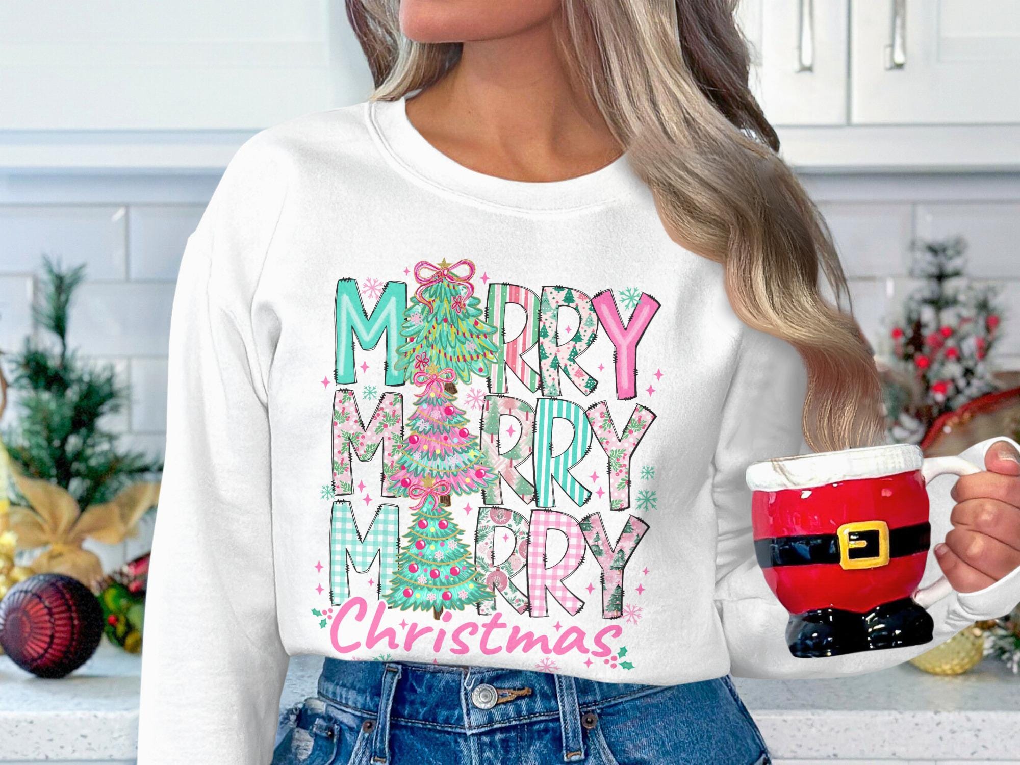 Christmas Sweatshirt Merry Merry Merry Print, Festive Holiday Sweater Cute Christmas Gift, Christmas Outfit Women, Cozy Xmas Top