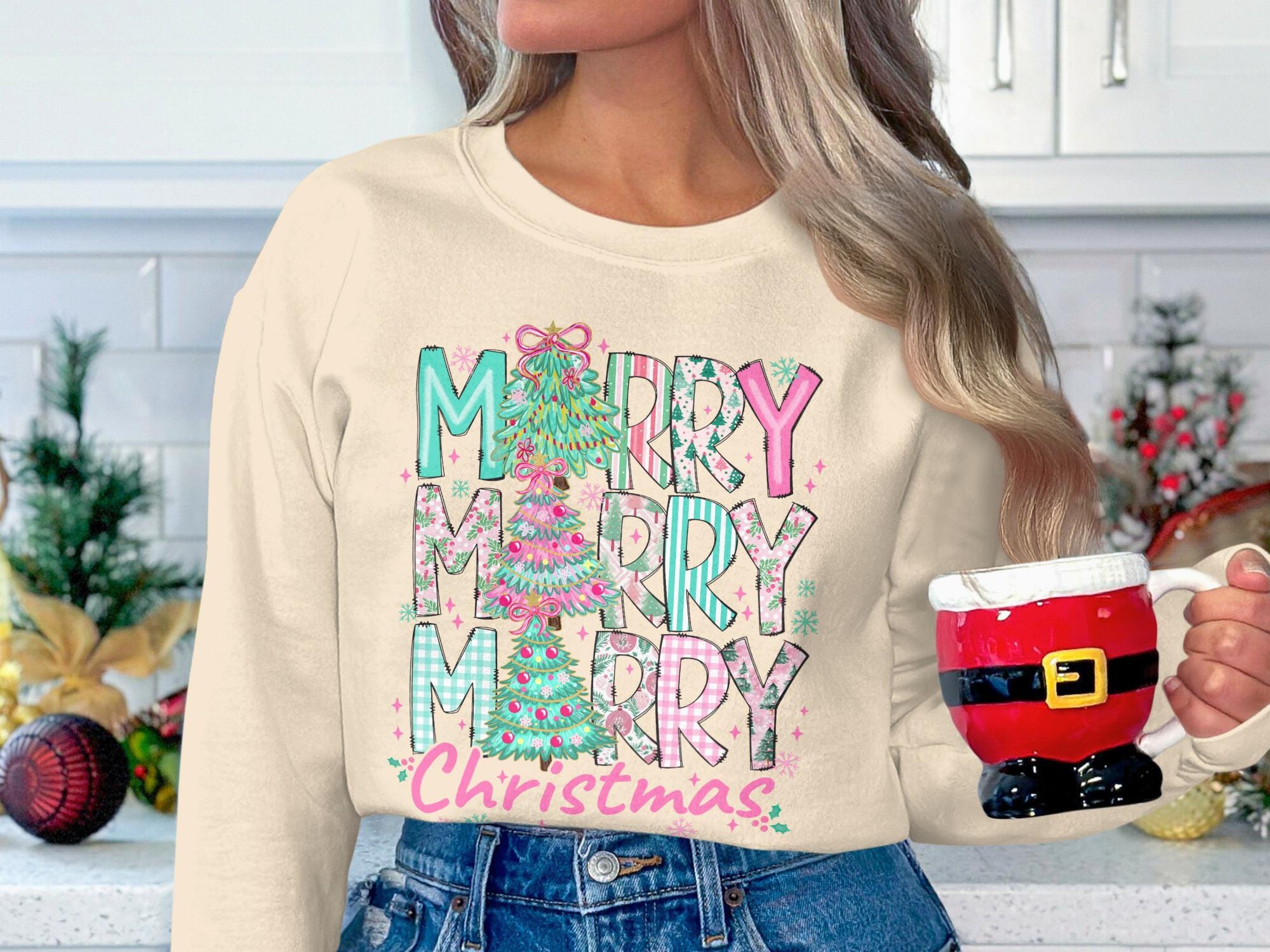 Merry Christmas Sweatshirt, Cute Holiday Sweater, Merry XMAS Graphic Pullover, Festive Winter Apparel, Christmas Tree Design